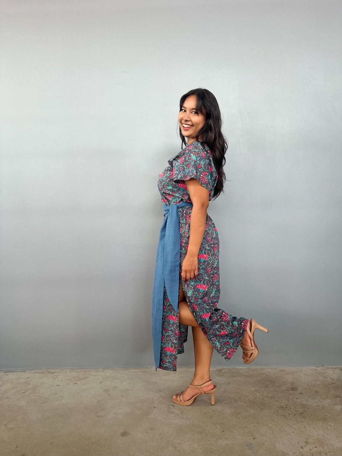 Mala Handworks Callie Petite Cotton Kaftan in Teal Carnation Paisley
