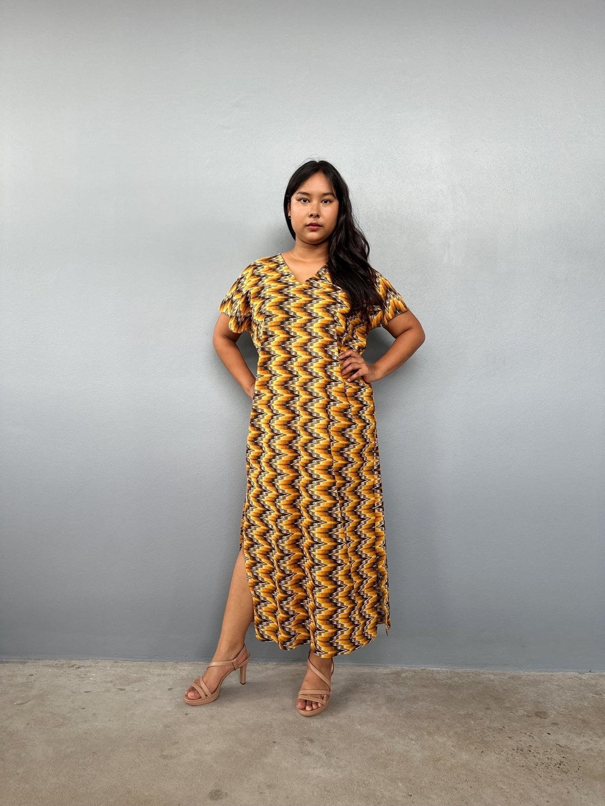 Mala Handworks Callie Petite Cotton Kaftan in Turmeric Chevron
