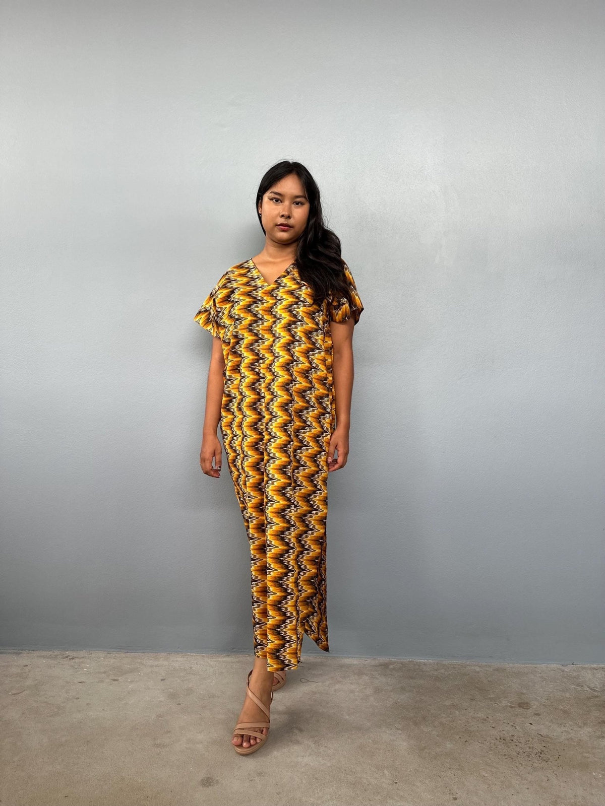 Mala Handworks Callie Petite Cotton Kaftan in Turmeric Chevron