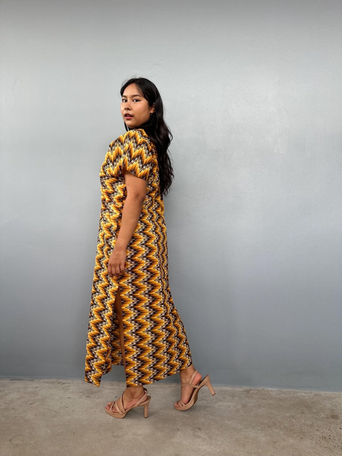 Mala Handworks Callie Petite Cotton Kaftan in Turmeric Chevron