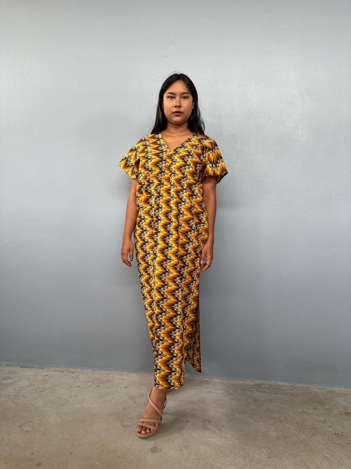 Mala Handworks Callie Petite Cotton Kaftan in Turmeric Chevron