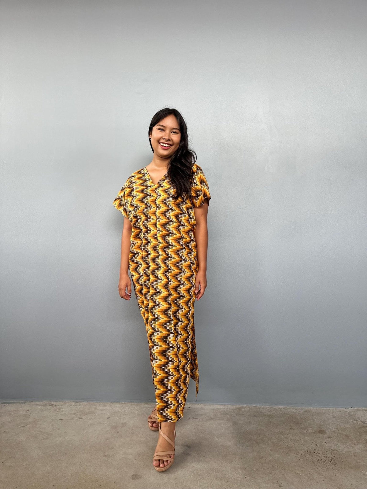 Mala Handworks Callie Petite Cotton Kaftan in Turmeric Chevron