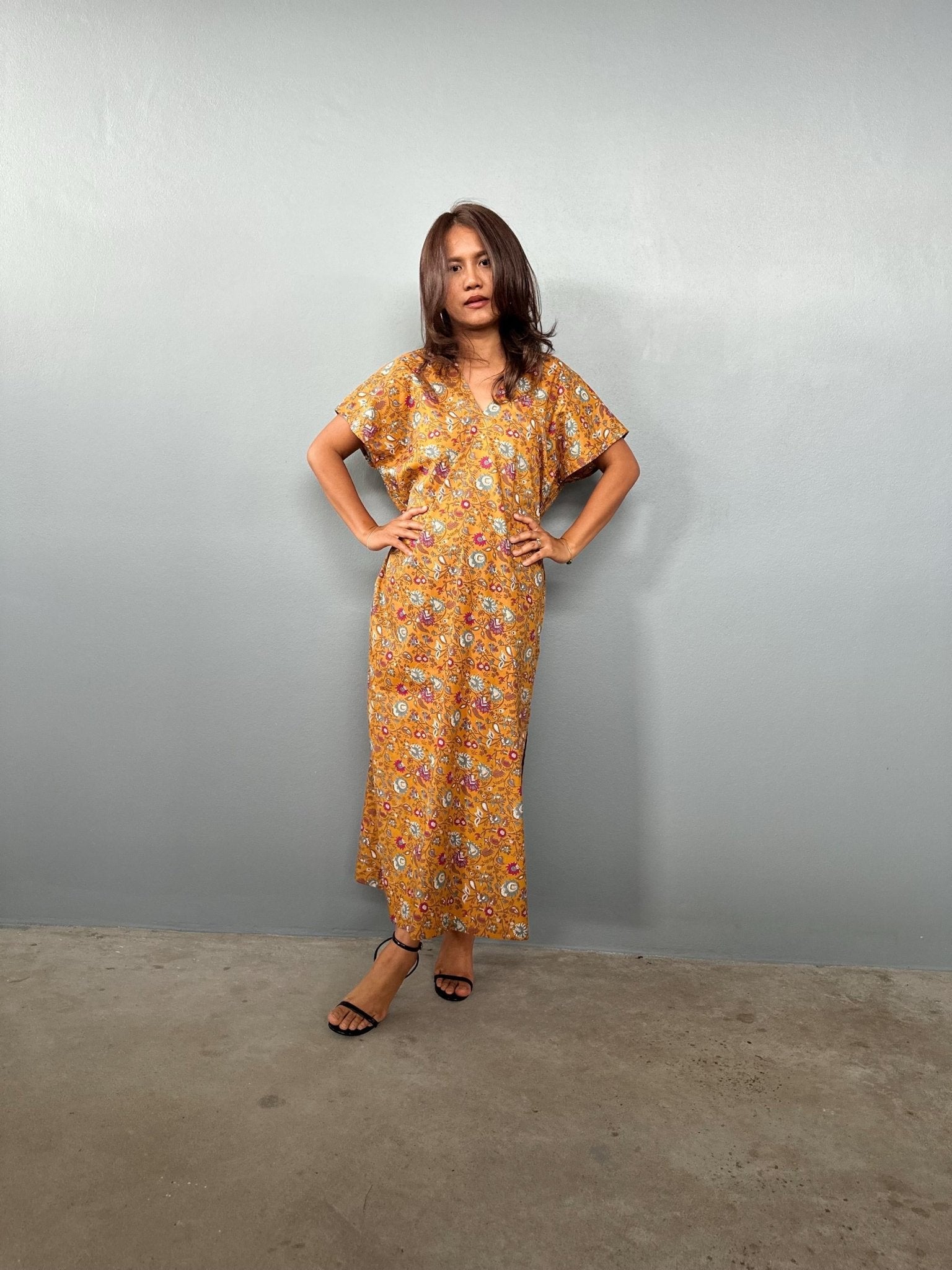 Mala Handworks Callie Petite Cotton Kaftan in Turmeric Floral Paisley