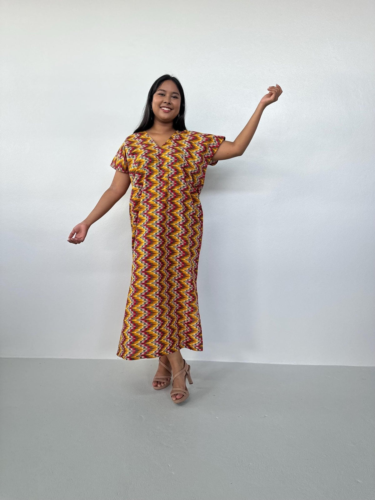 Callie Petite Cotton Kaftan in Turmeric & Raspberry Chevron-CJ-38-Mala Handworks