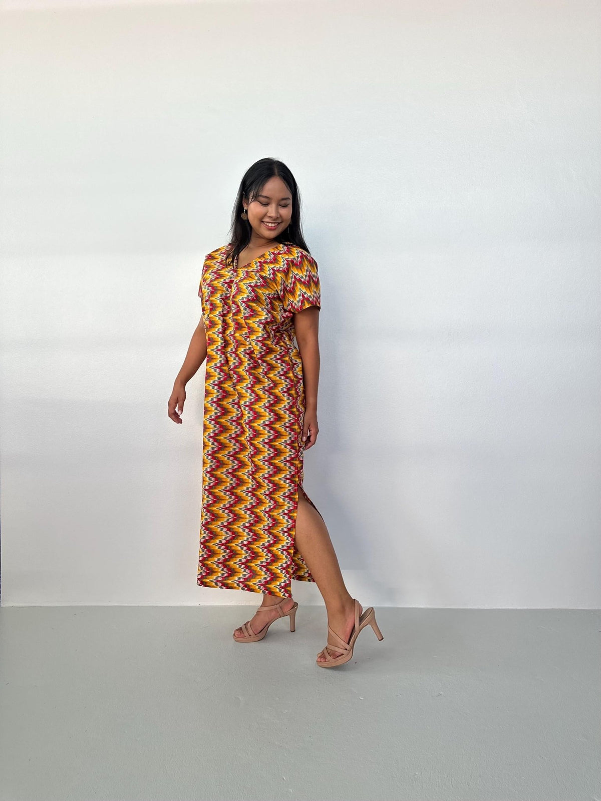 Callie Petite Cotton Kaftan in Turmeric & Raspberry Chevron-CJ-38-Mala Handworks