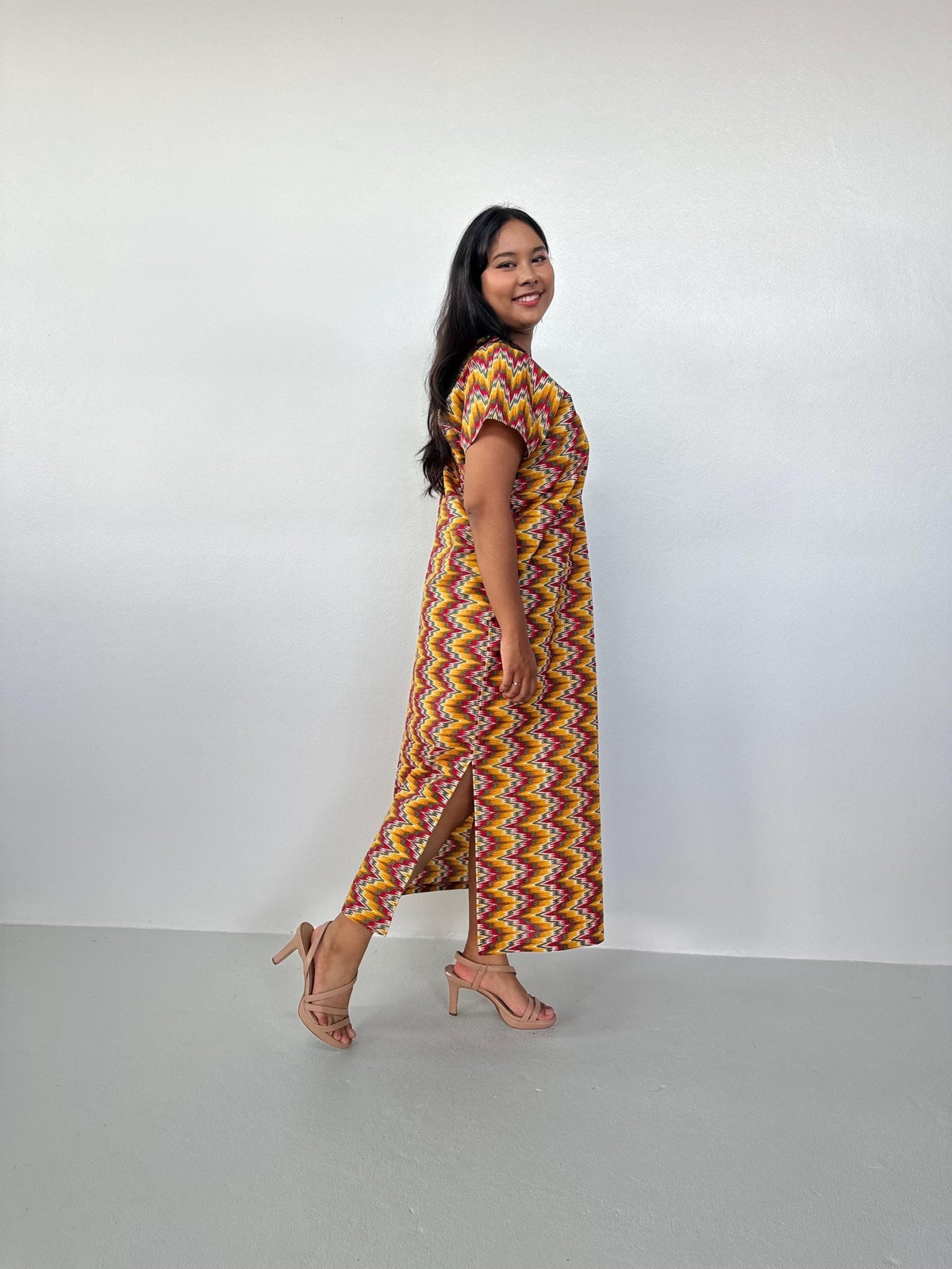 Callie Petite Cotton Kaftan in Turmeric & Raspberry Chevron-CJ-38-Mala Handworks