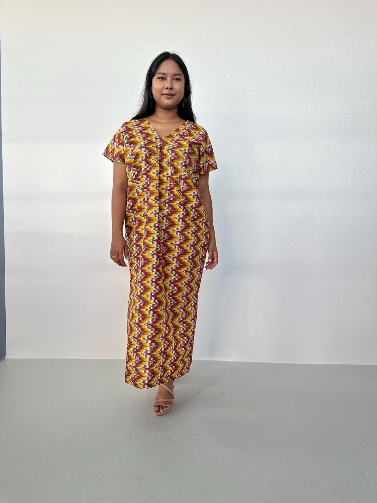 Callie Petite Cotton Kaftan in Turmeric & Raspberry Chevron-CJ-38-Mala Handworks