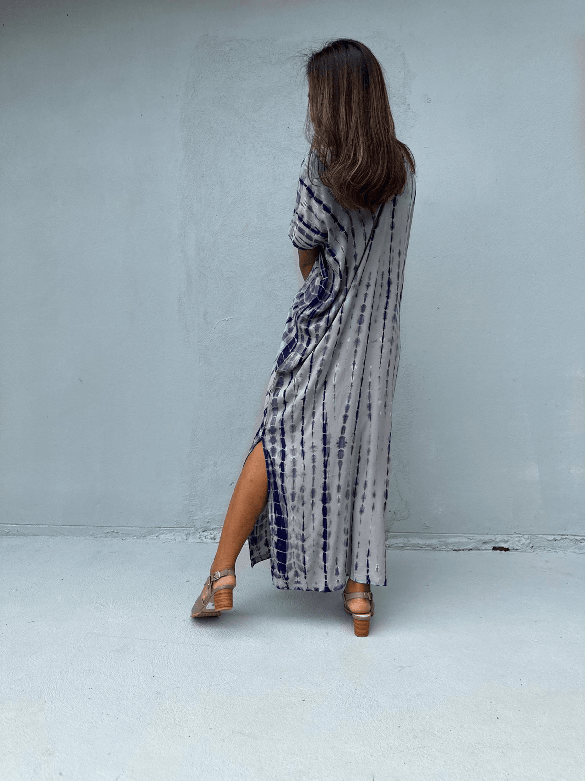 Callie Petite Kaftan in Gray and Blue Tie Dye-CJ-17-Mala Handworks