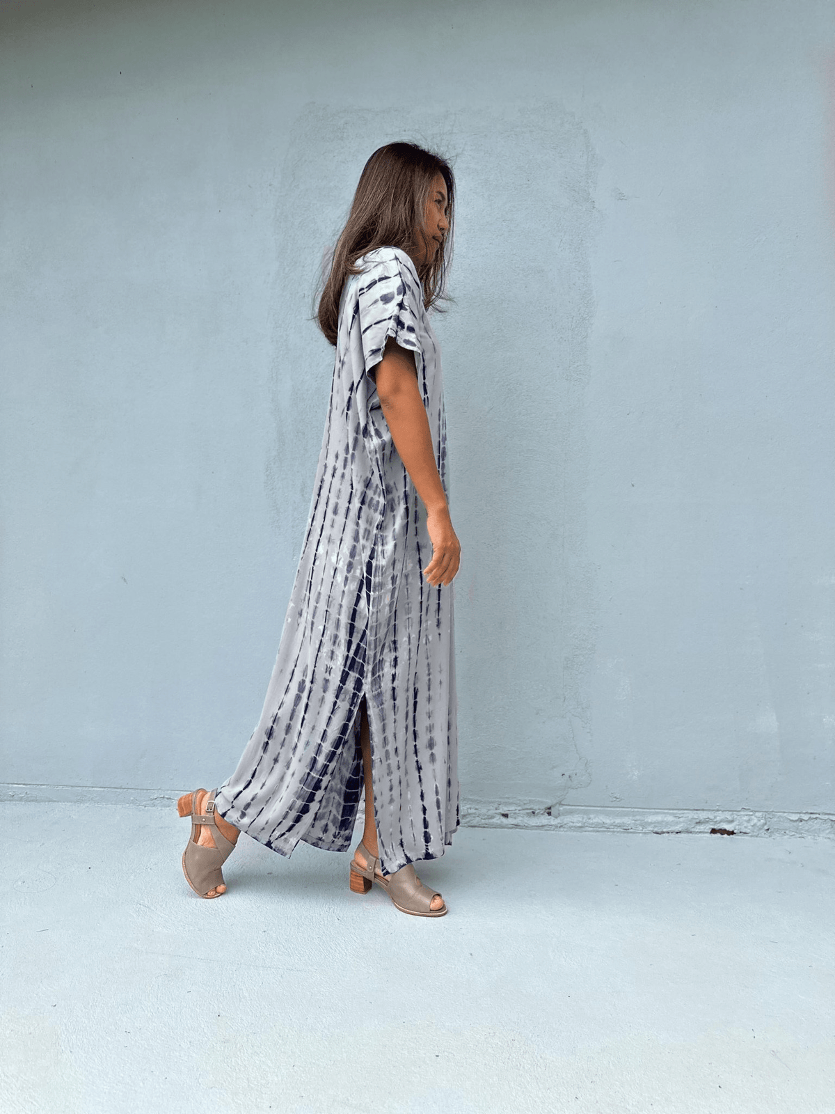 Callie Petite Kaftan in Gray and Blue Tie Dye-CJ-17-Mala Handworks