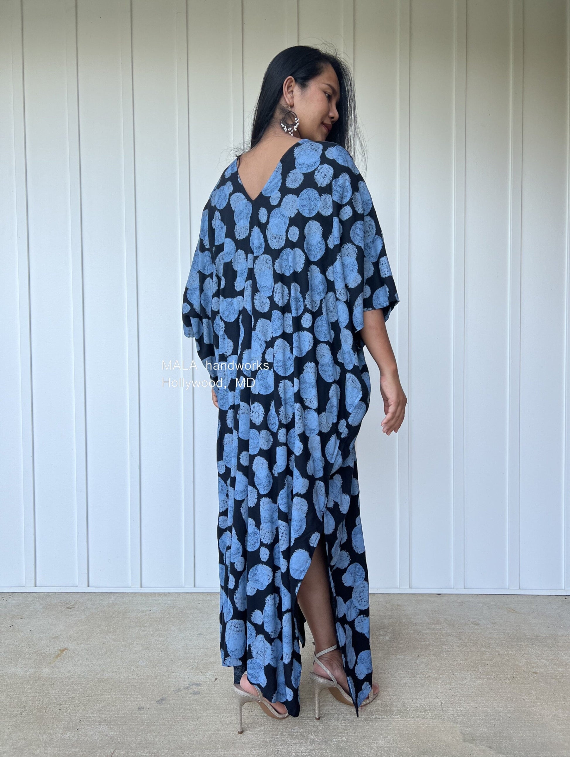 MALA handworks  Camila Kaftan in Black and Blue Silkscreen Pattern