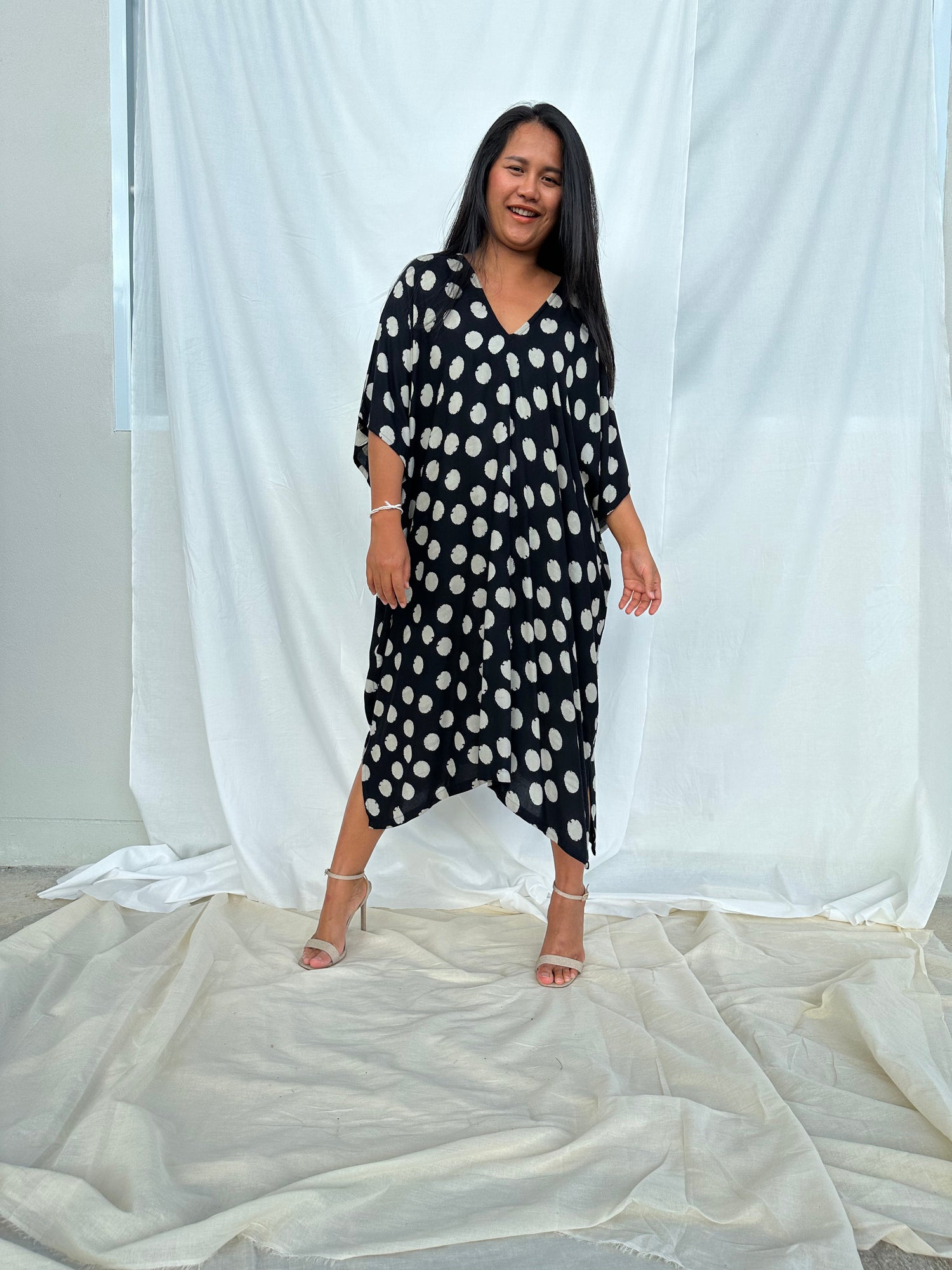 MALA handworks Camila Kaftan in Black and Silkscreen Circles Pattern