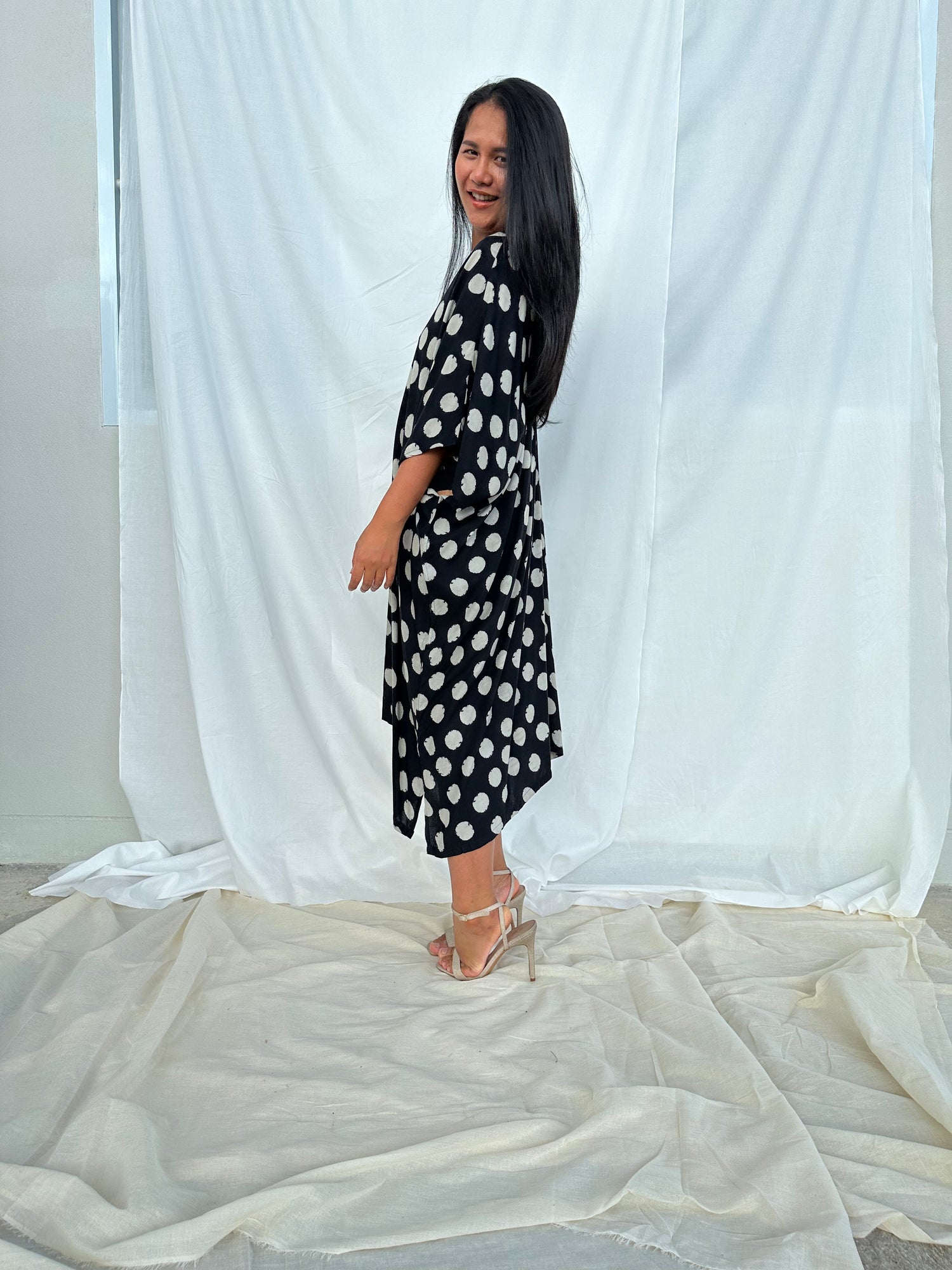 MALA handworks Camila Kaftan in Black and Silkscreen Circles Pattern