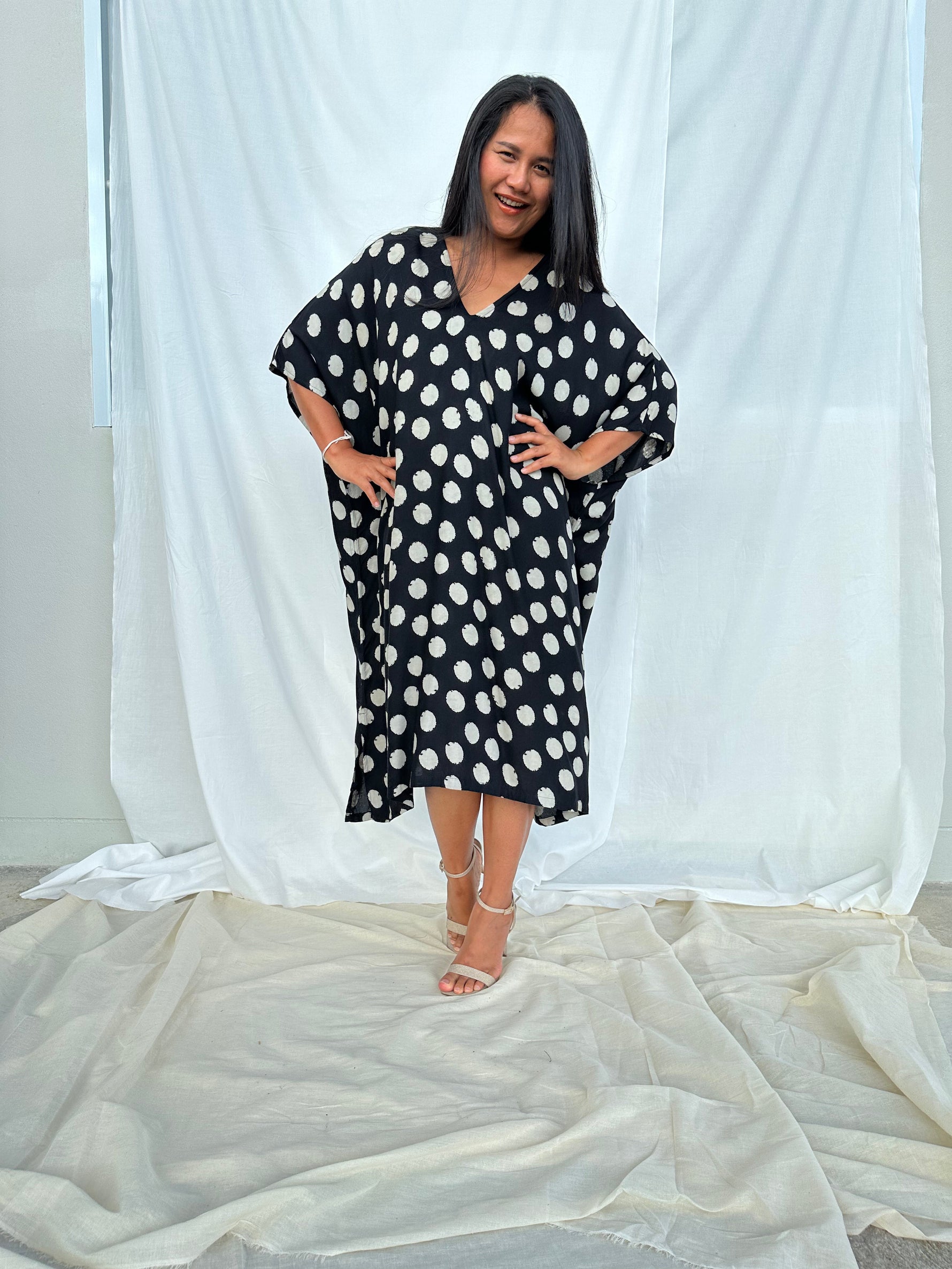MALA handworks Camila Kaftan in Black and Silkscreen Circles Pattern