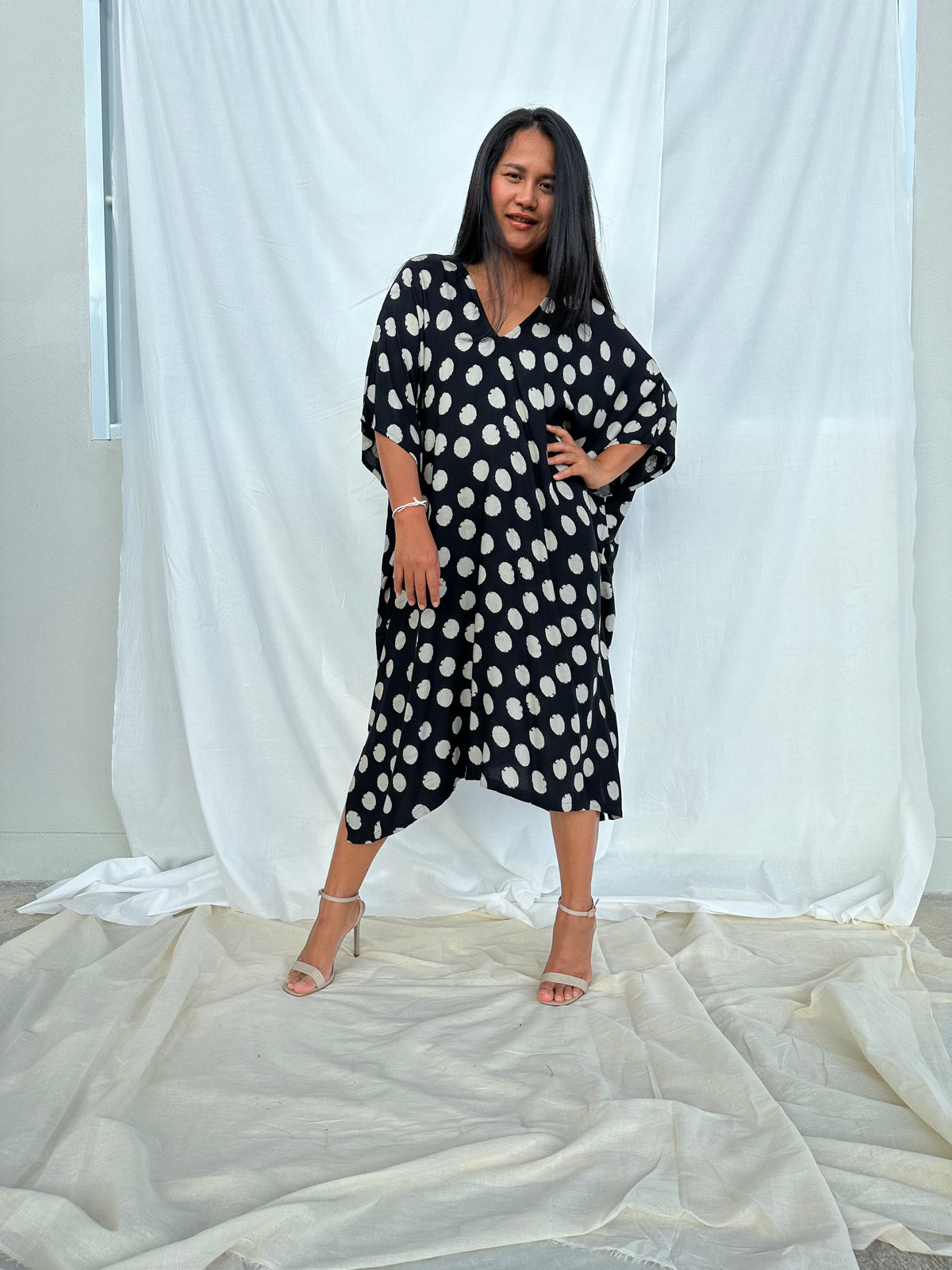MALA handworks Camila Kaftan in Black and Silkscreen Circles Pattern