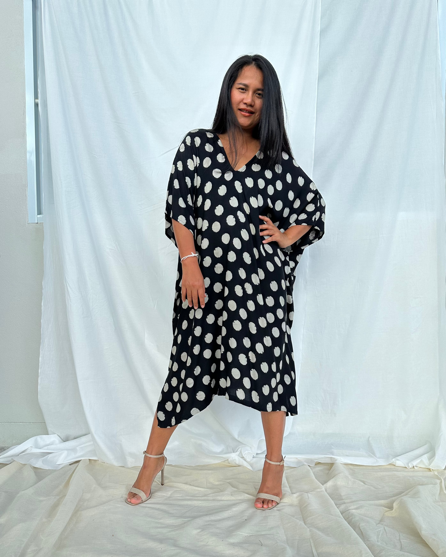 MALA handworks Camila Kaftan in Black and Silkscreen Circles Pattern