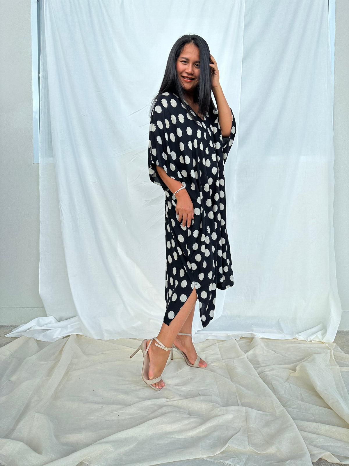 MALA handworks Camila Kaftan in Black and Silkscreen Circles Pattern