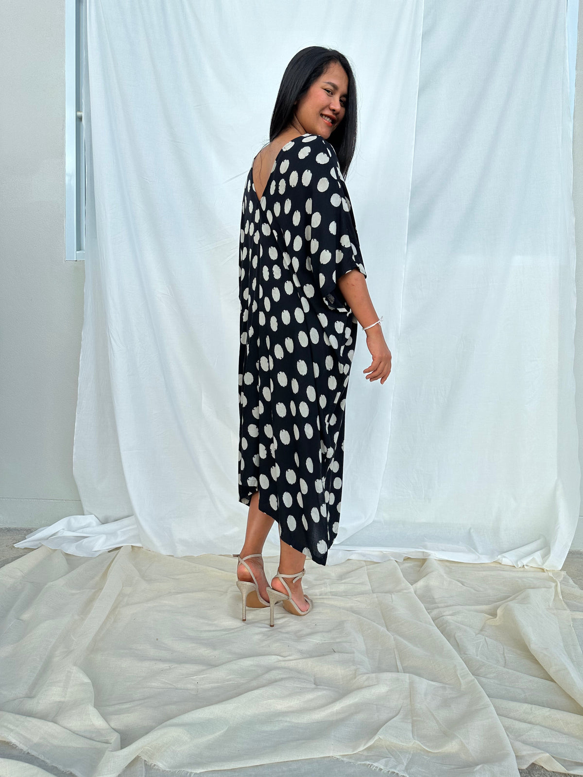 MALA handworks Camila Kaftan in Black and Silkscreen Circles Pattern