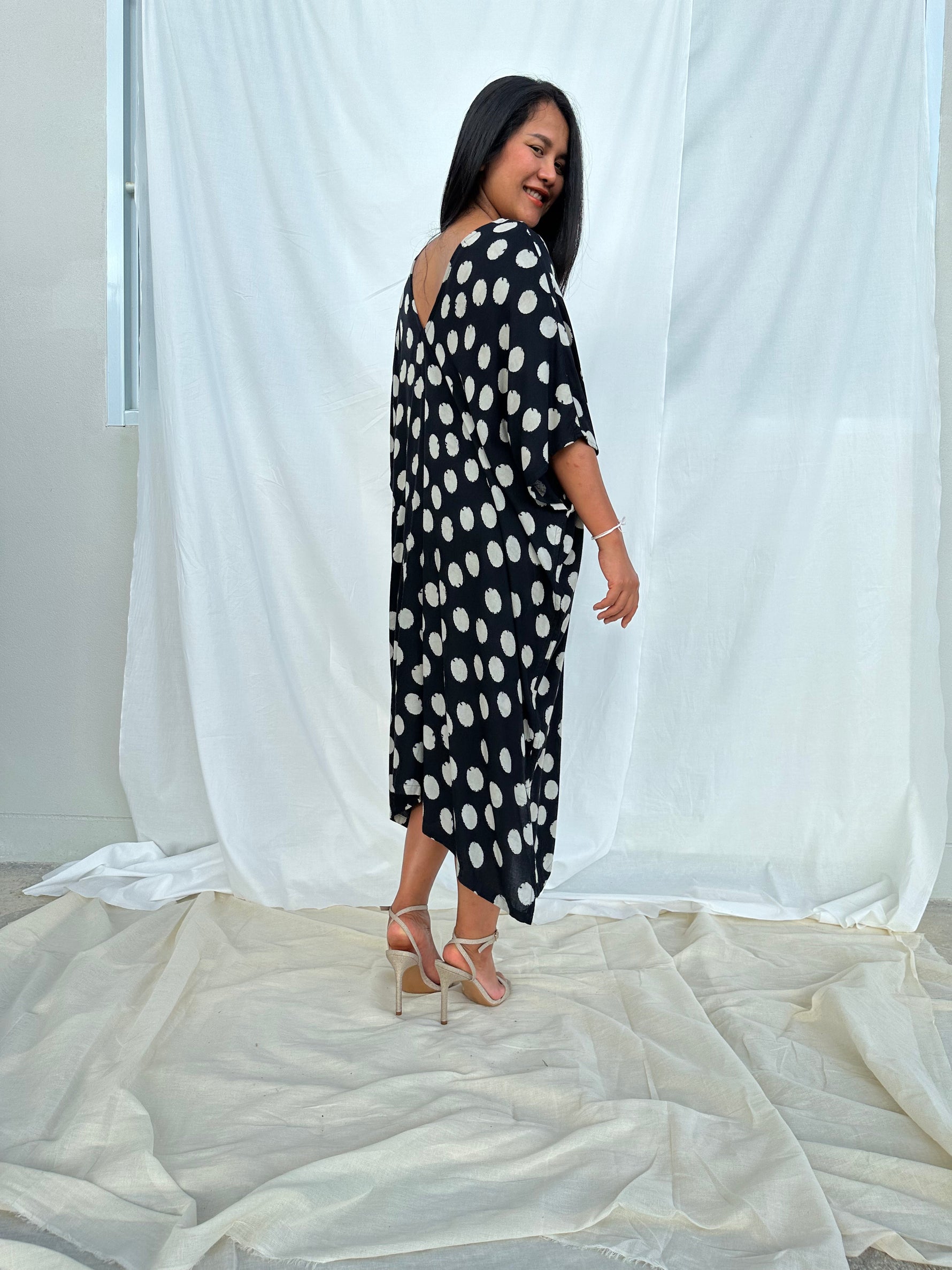 MALA handworks Camila Kaftan in Black and Silkscreen Circles Pattern