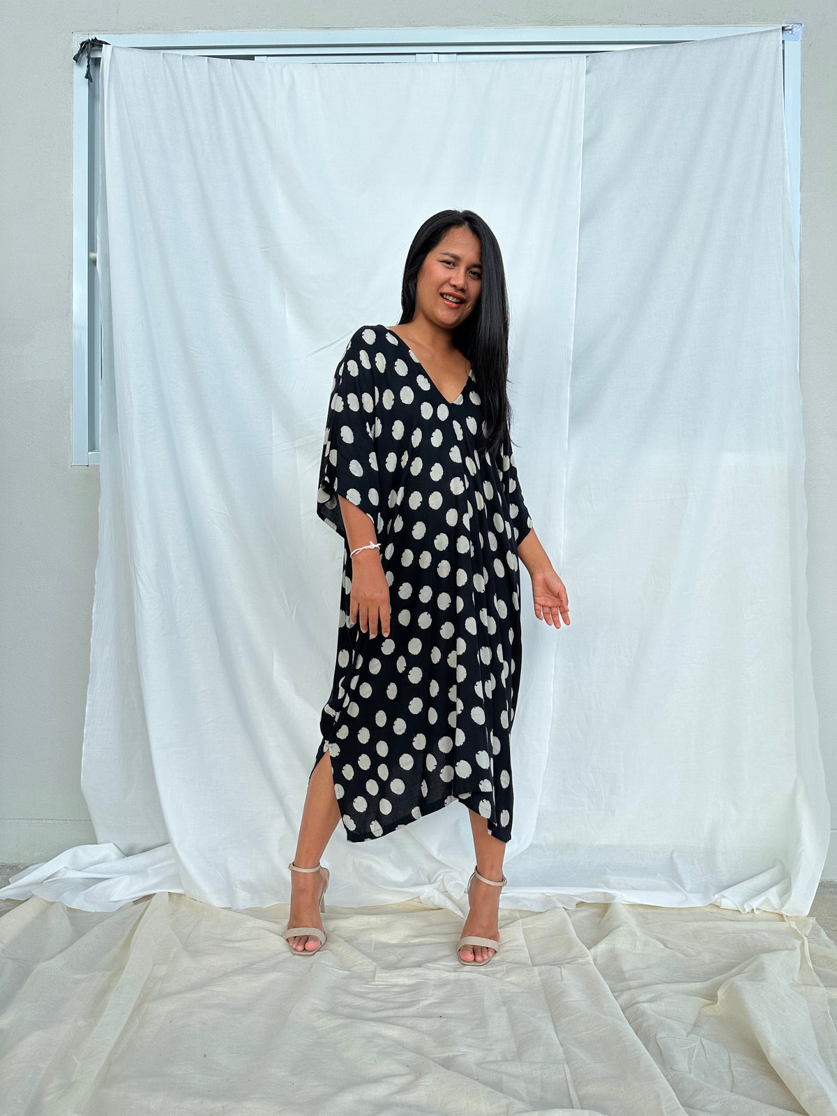 MALA handworks Camila Kaftan in Black and Silkscreen Circles Pattern