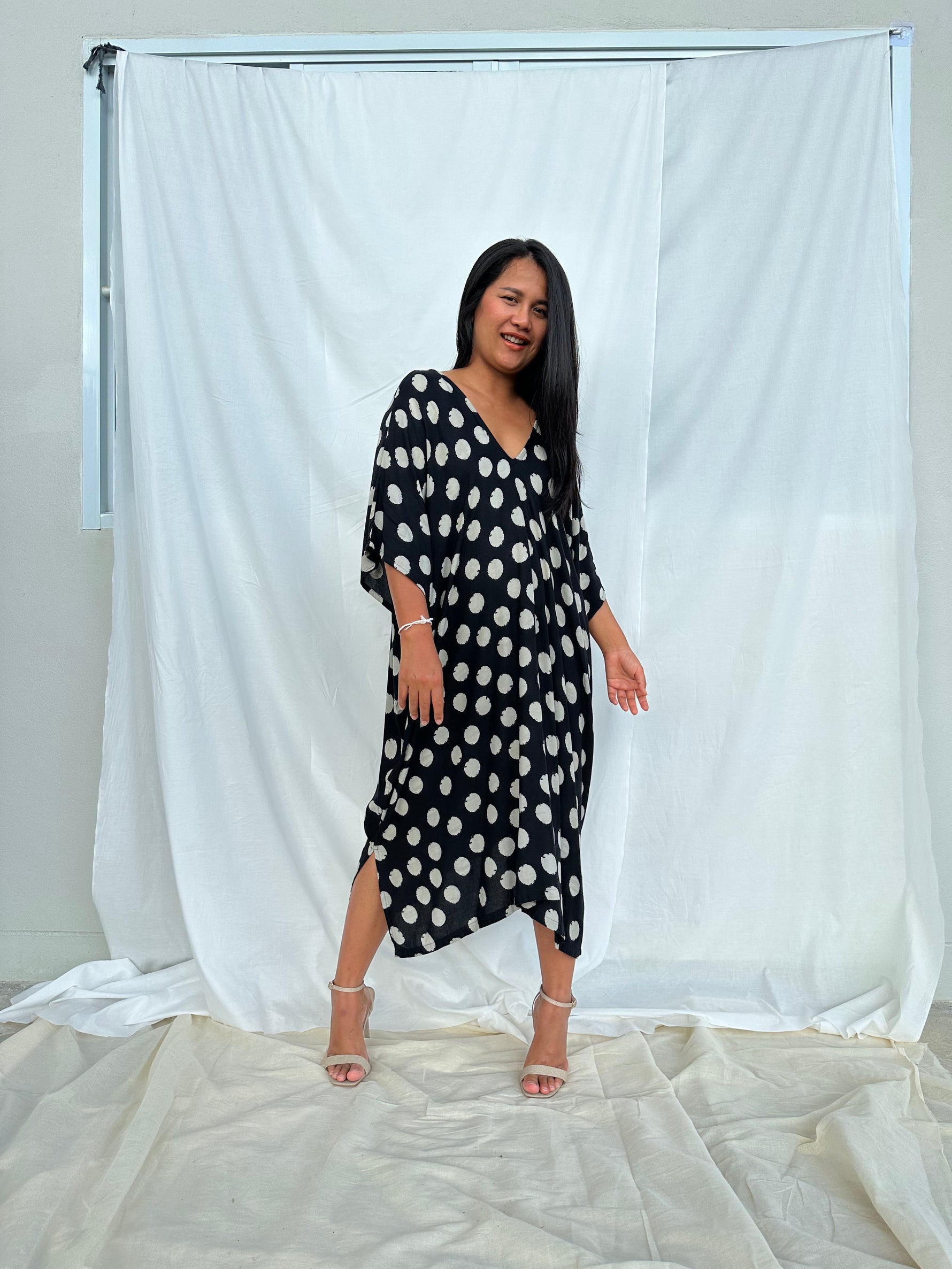 MALA handworks Camila Kaftan in Black and Silkscreen Circles Pattern