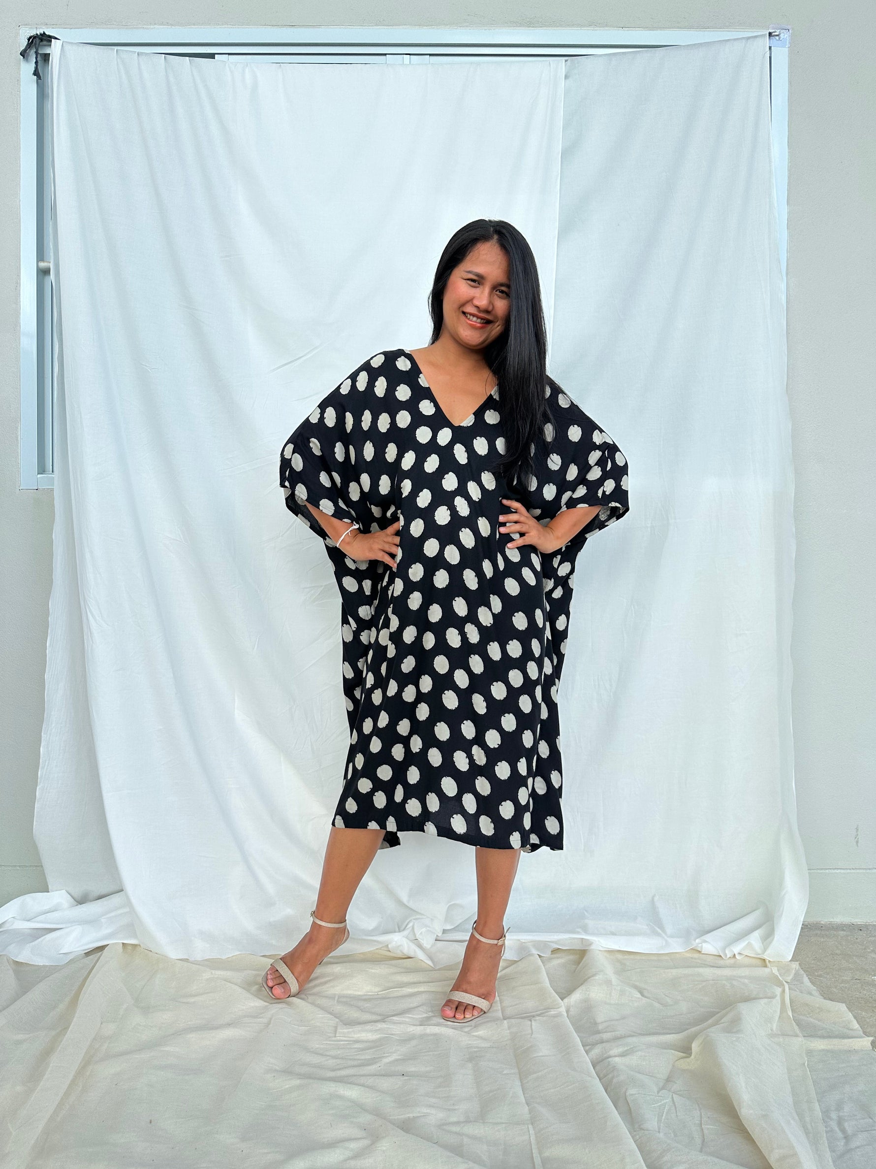 MALA handworks Camila Kaftan in Black and Silkscreen Circles Pattern