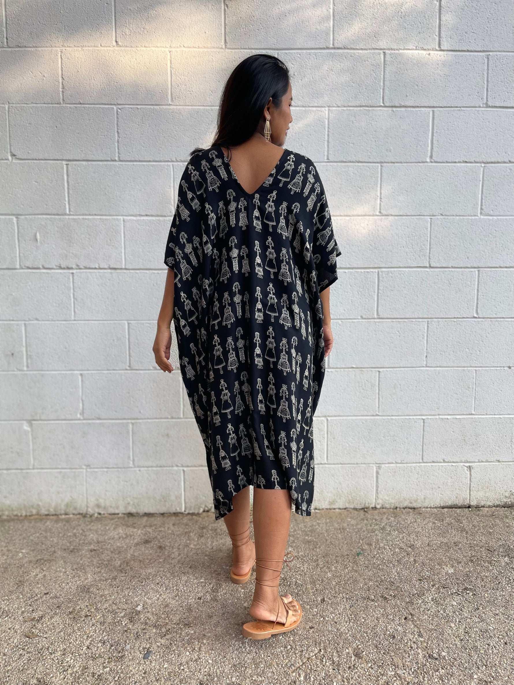 MALA handworks Camila Kaftan in Black and Silkscreen Mask Pattern