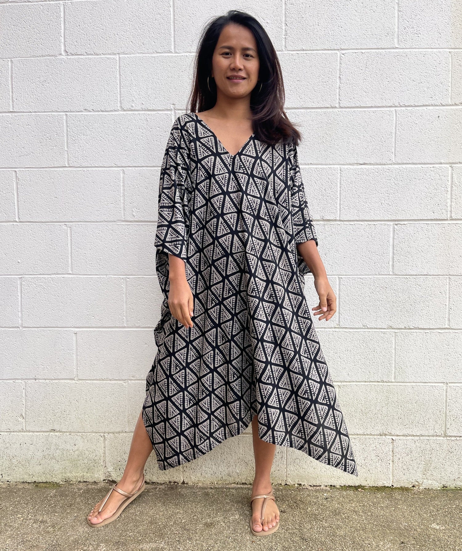 MALA handworks Camila Kaftan in Black and Silkscreen Pattern