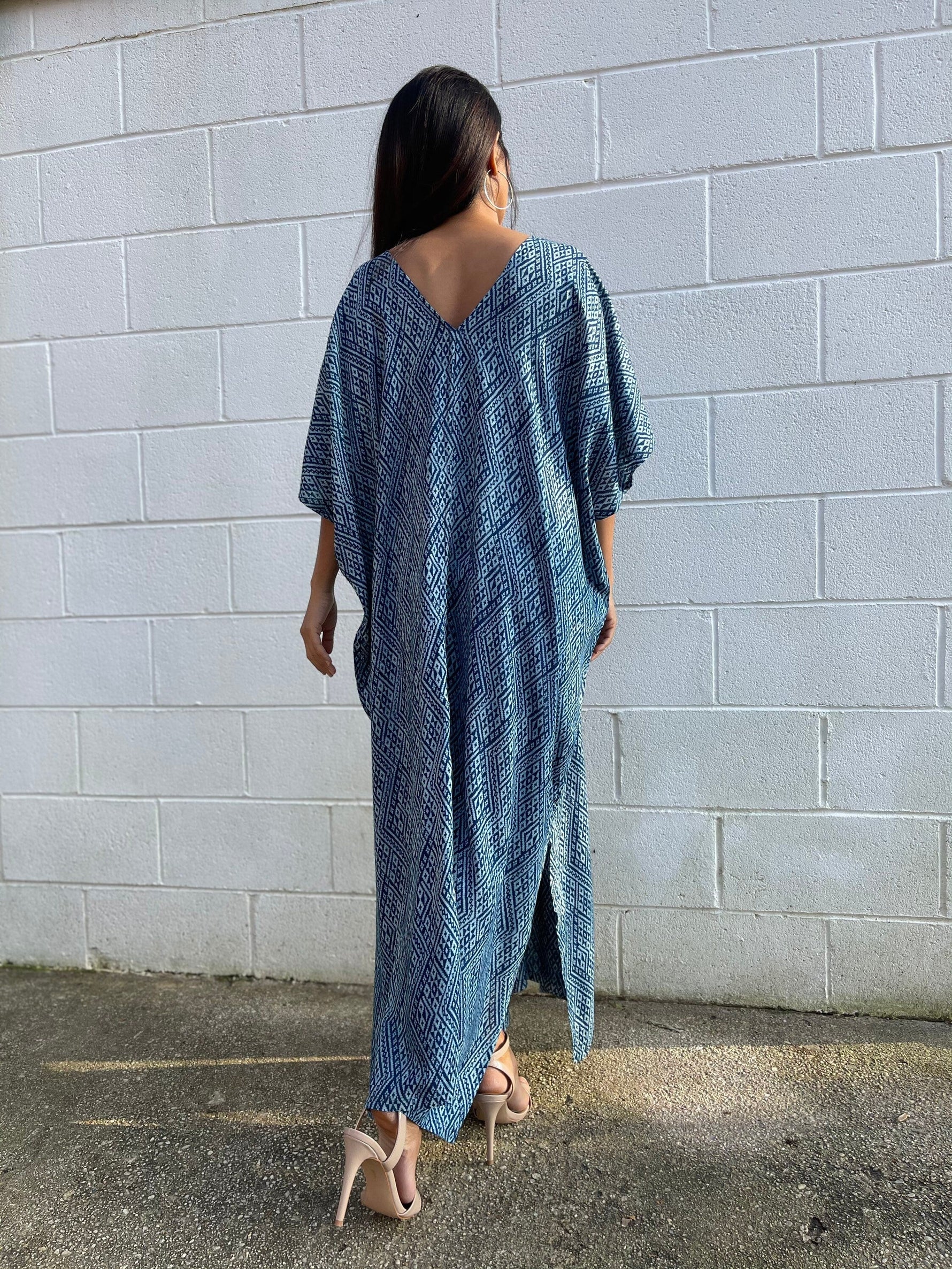 MALA handworks  Camila Kaftan in Indigo Blue Silkscreen Pattern