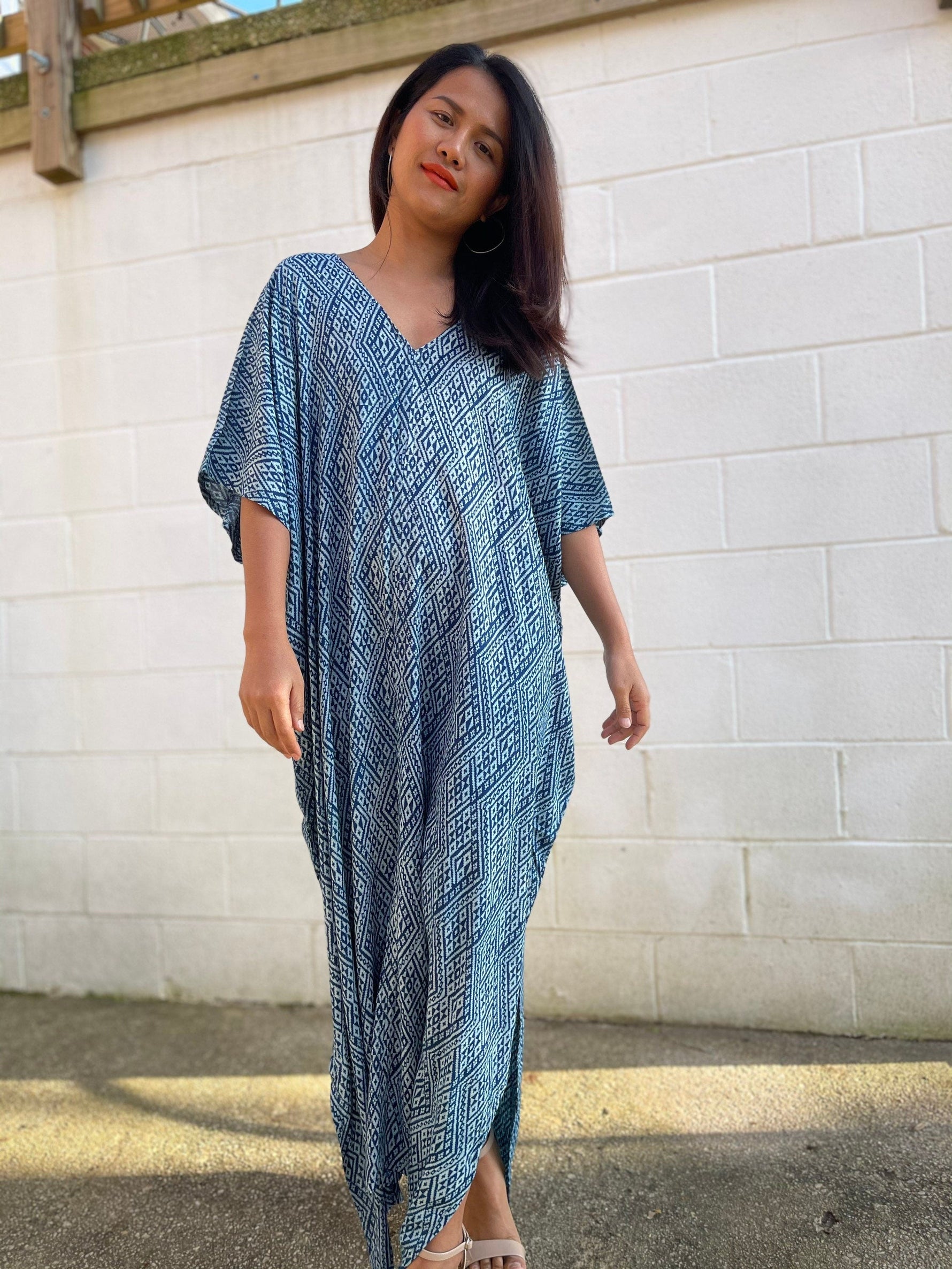 MALA handworks  Camila Kaftan in Indigo Blue Silkscreen Pattern