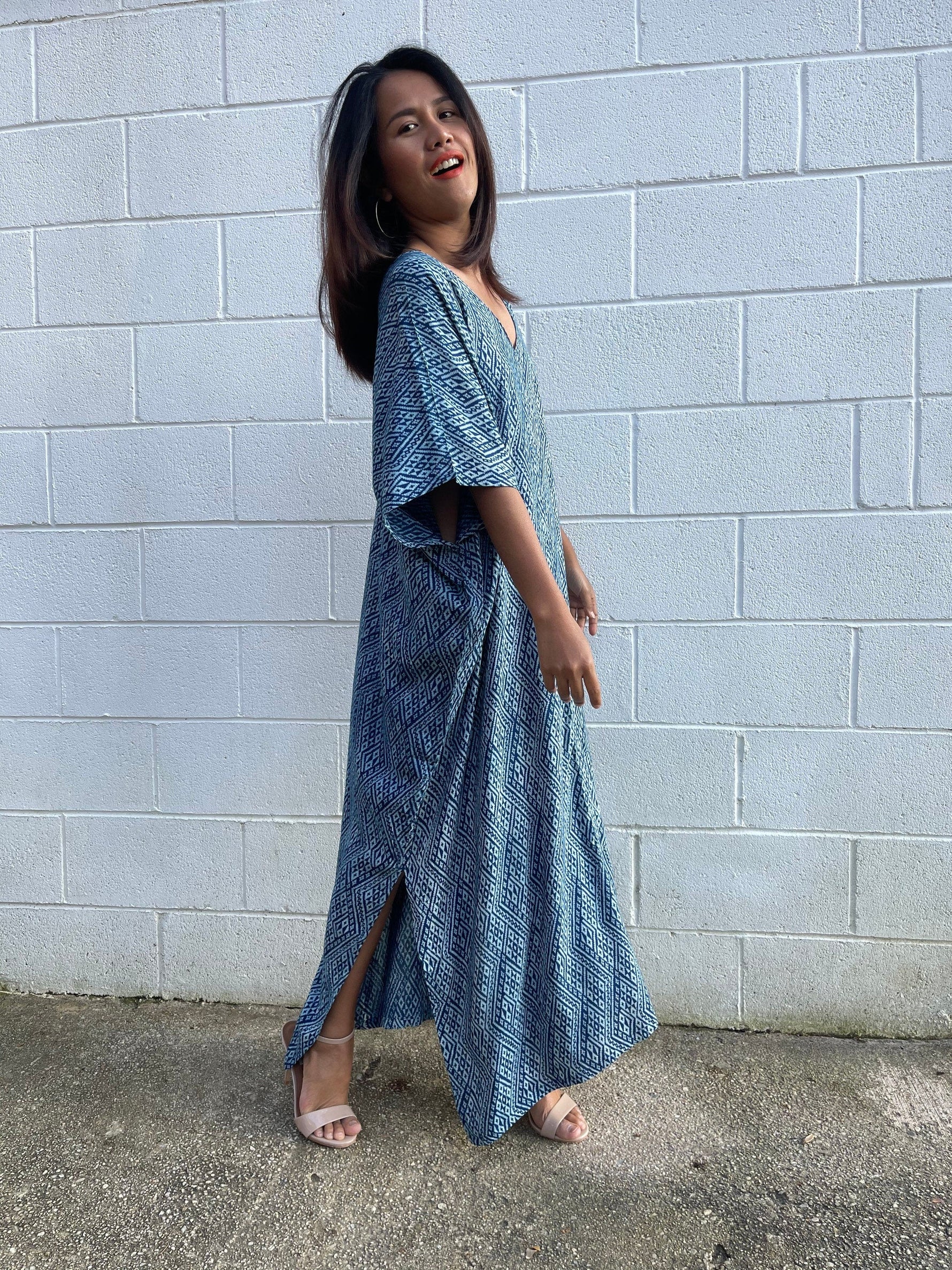 MALA handworks  Camila Kaftan in Indigo Blue Silkscreen Pattern
