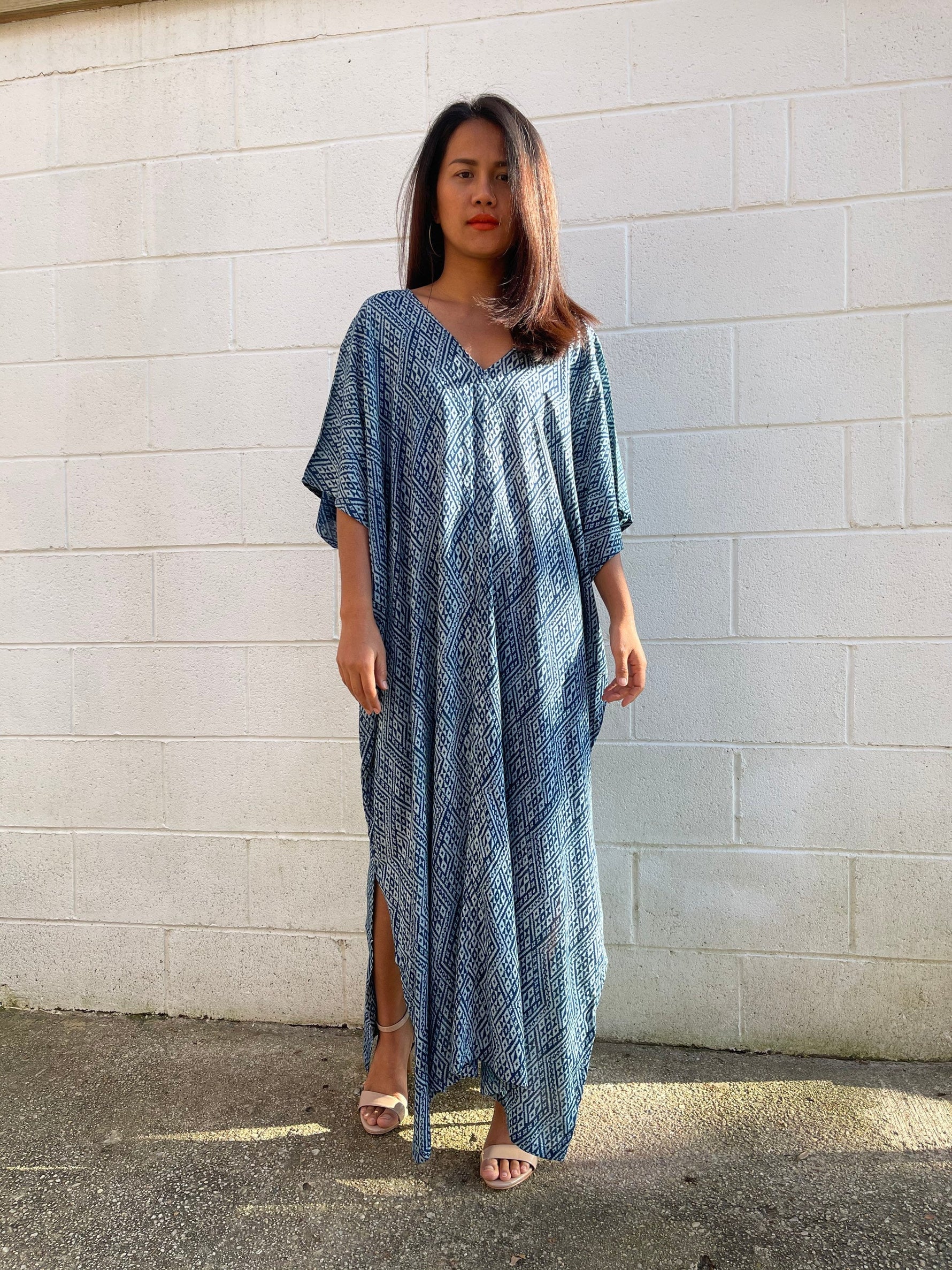 MALA handworks  Camila Kaftan in Indigo Blue Silkscreen Pattern