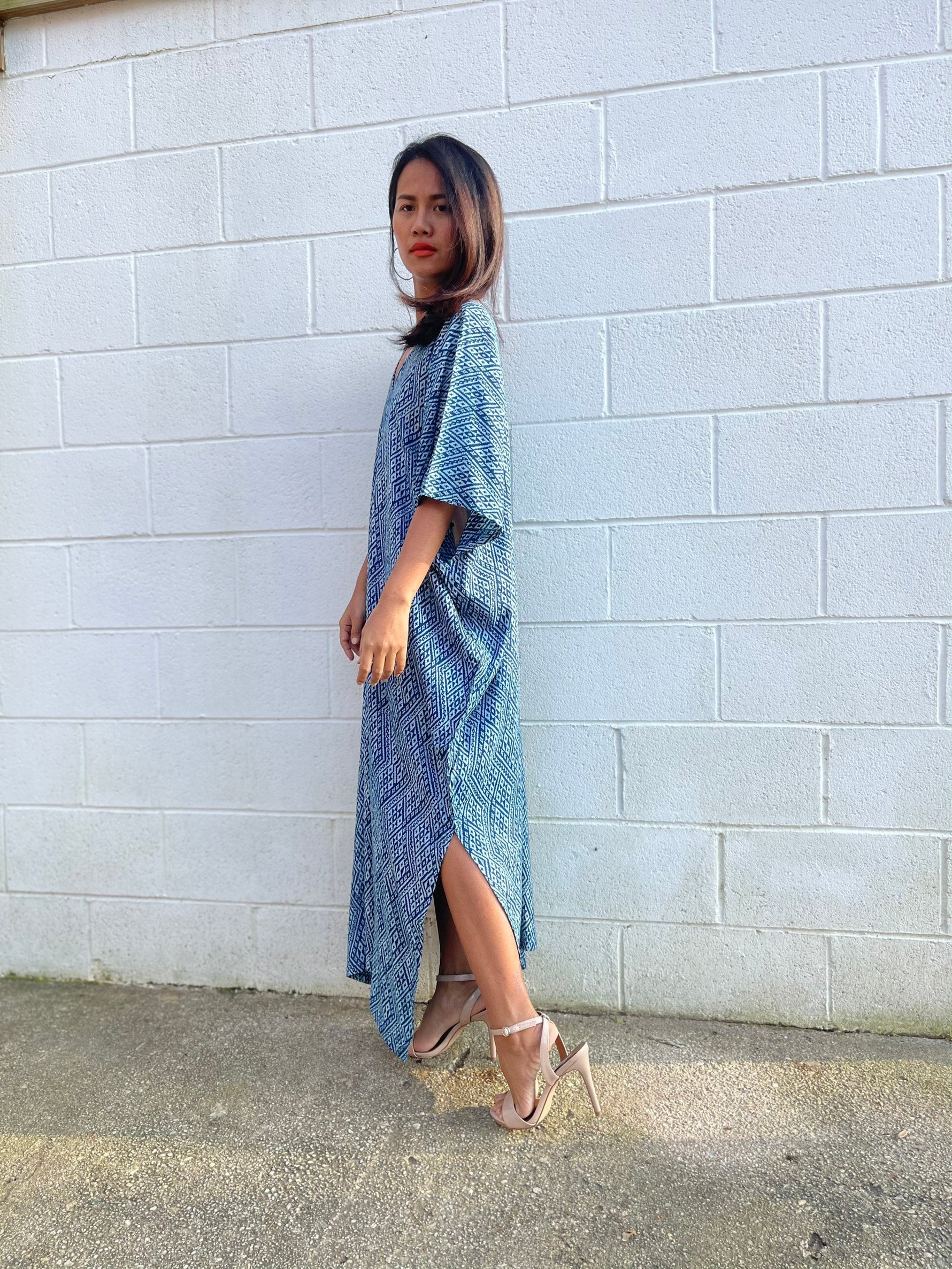 MALA handworks  Camila Kaftan in Indigo Blue Silkscreen Pattern