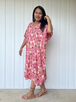 MALA handworks  Camila Kaftan in Pink and Blue Silkscreen Floral Pattern
