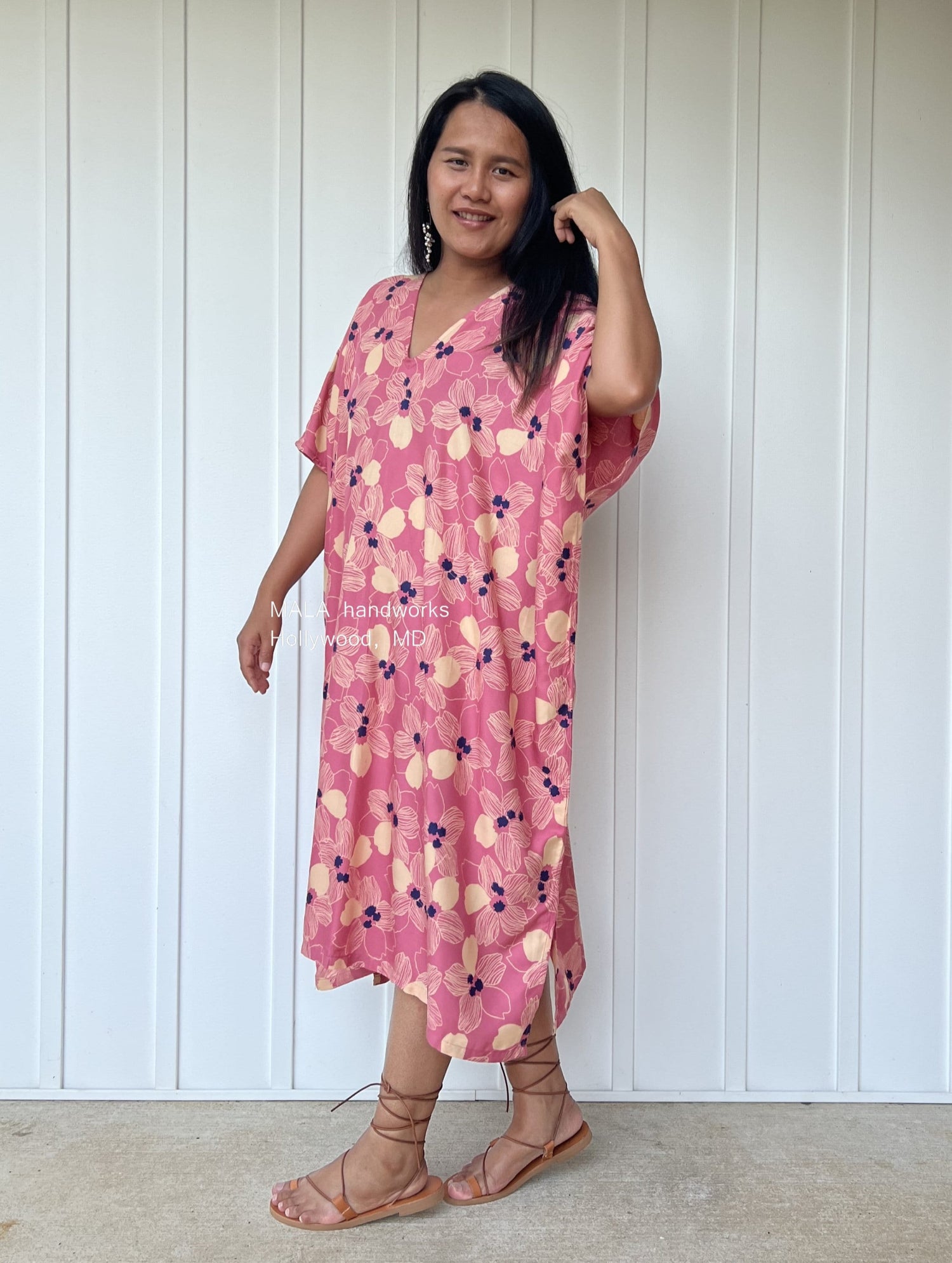MALA handworks  Camila Kaftan in Pink and Blue Silkscreen Floral Pattern