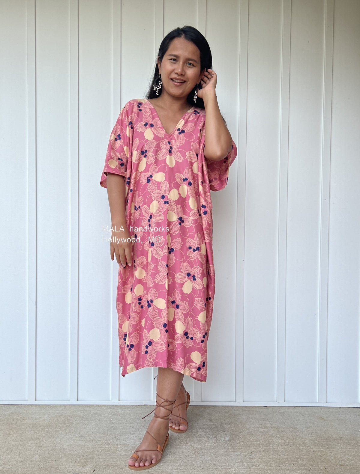 MALA handworks  Camila Kaftan in Pink and Blue Silkscreen Floral Pattern