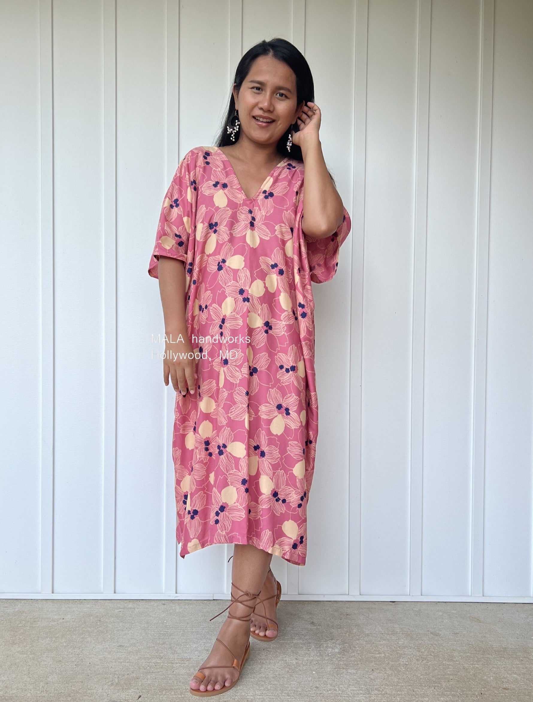 MALA handworks  Camila Kaftan in Pink and Blue Silkscreen Floral Pattern