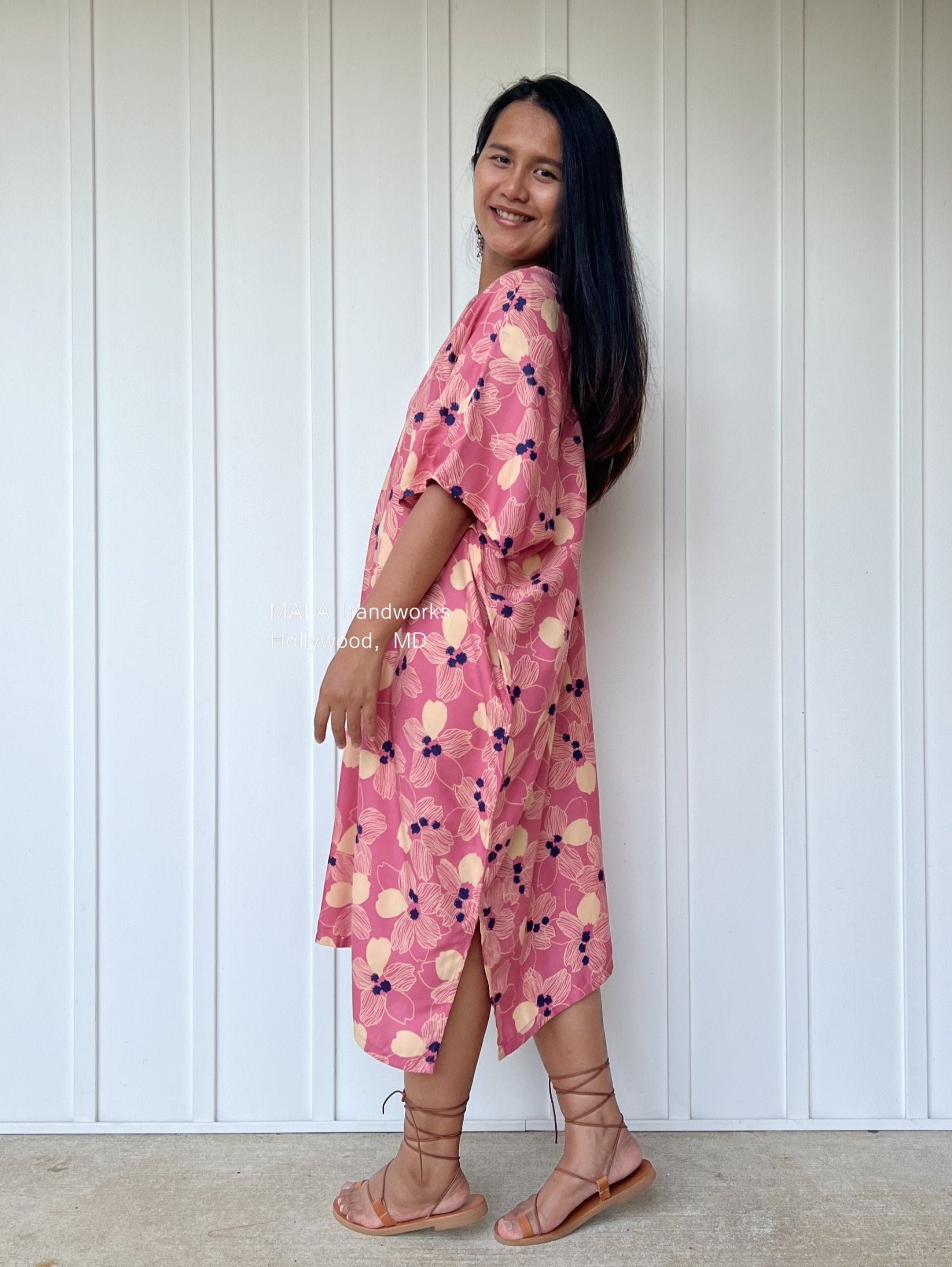 MALA handworks  Camila Kaftan in Pink and Blue Silkscreen Floral Pattern