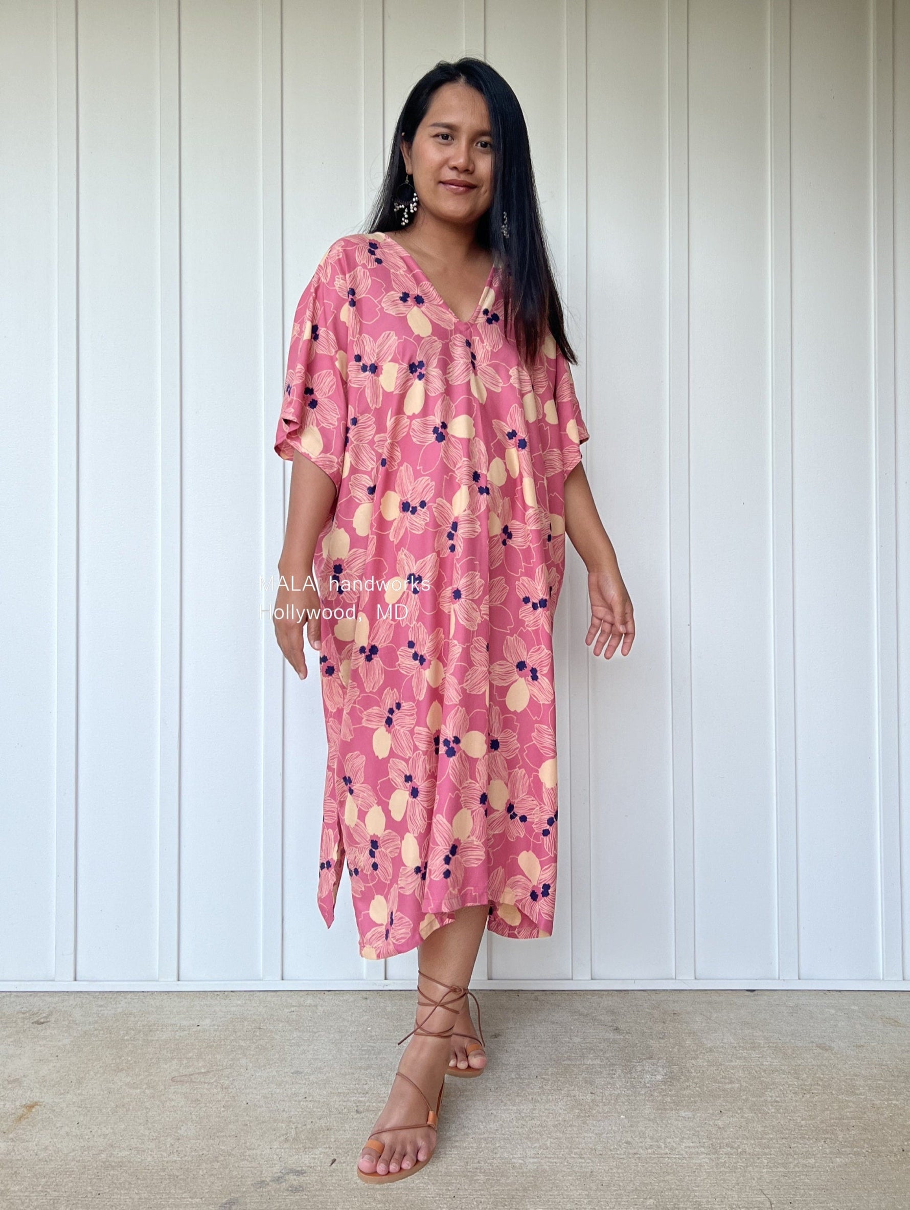 MALA handworks  Camila Kaftan in Pink and Blue Silkscreen Floral Pattern
