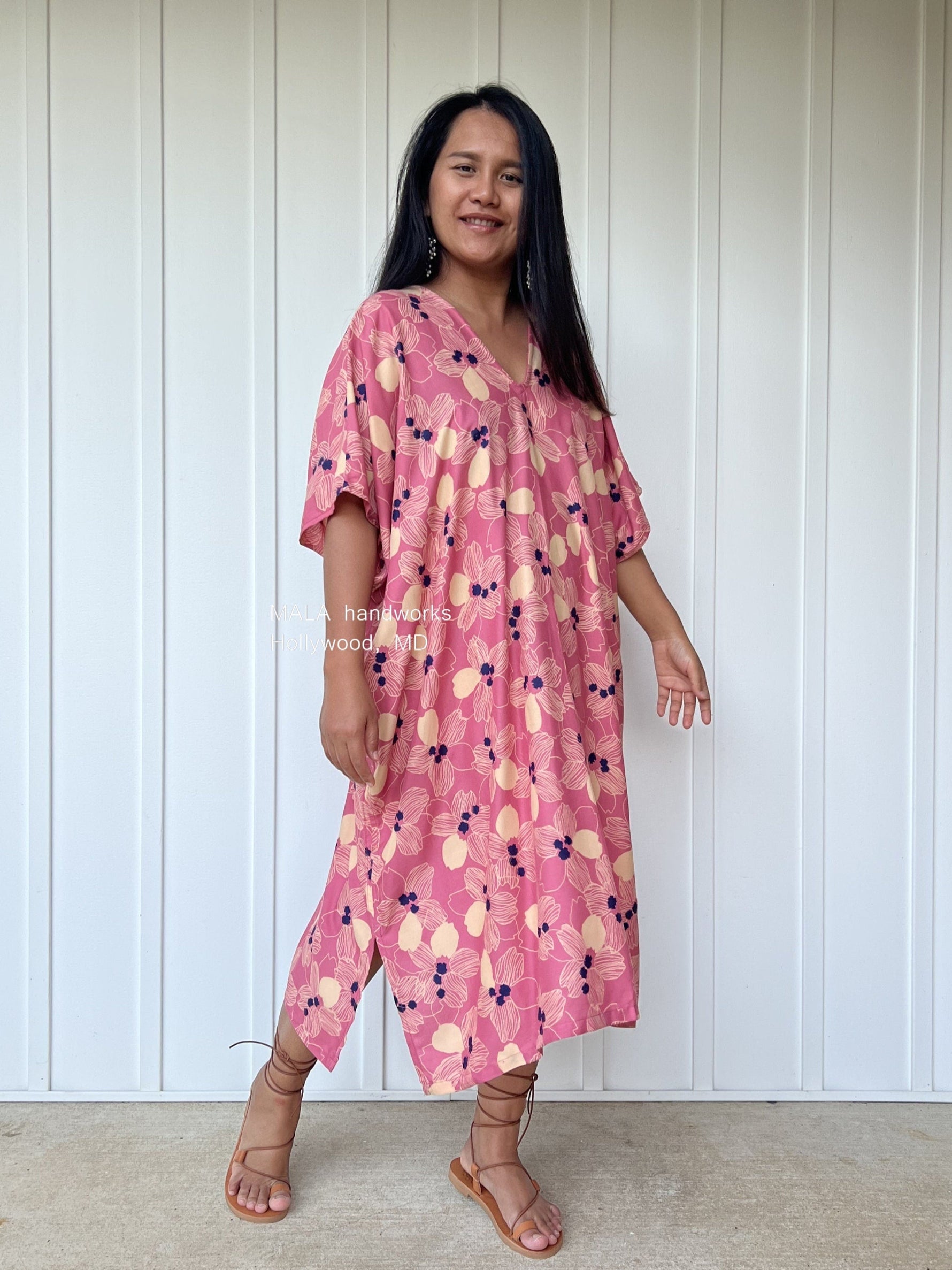 MALA handworks  Camila Kaftan in Pink and Blue Silkscreen Floral Pattern