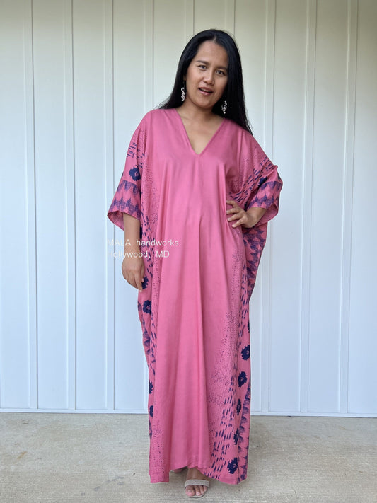 MALA handworks  Camila Kaftan in Pink and Blue Silkscreen Pattern