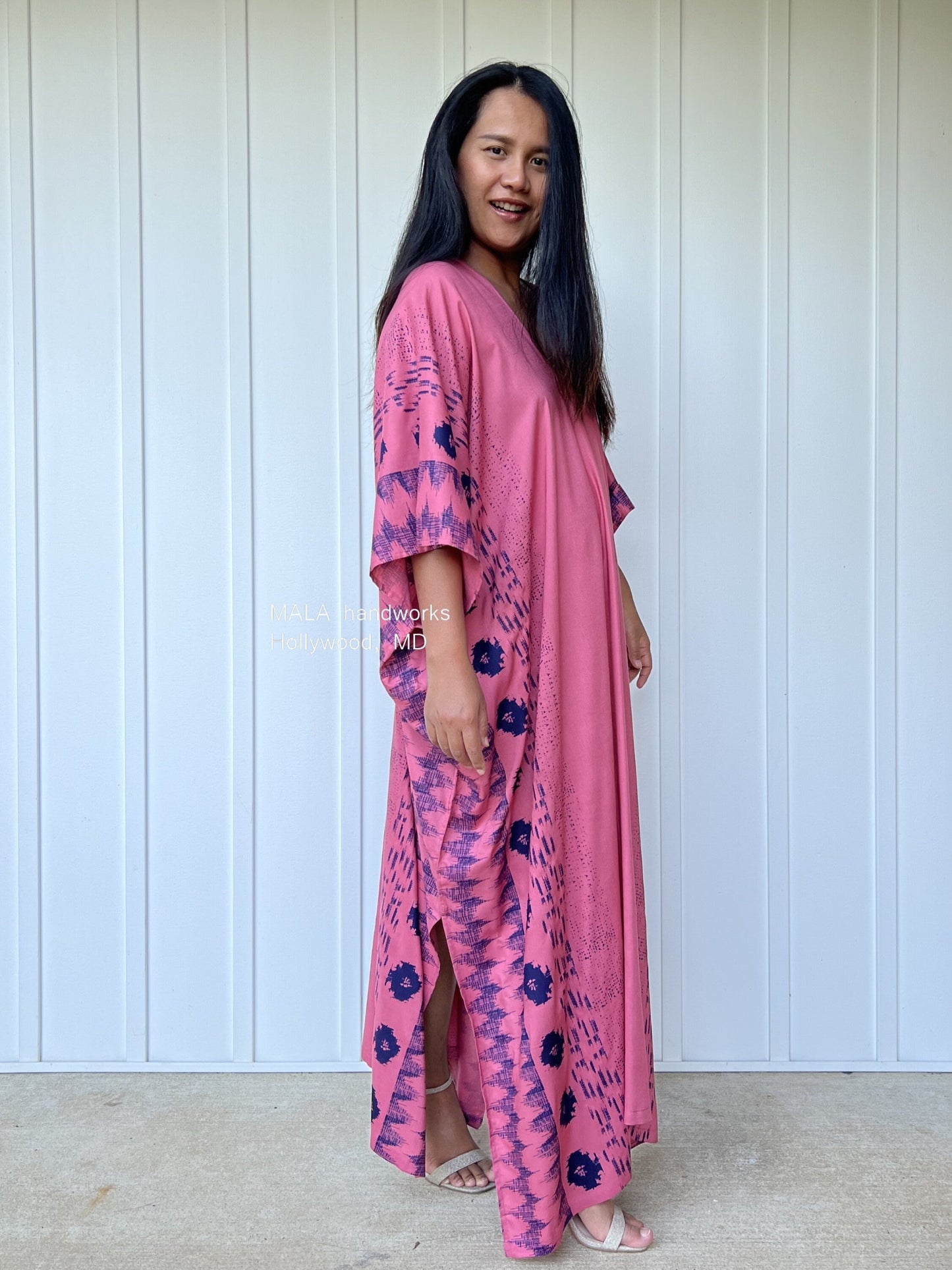 MALA handworks  Camila Kaftan in Pink and Blue Silkscreen Pattern