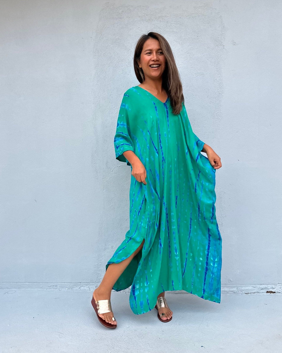 Camila Kaftan in Teal & Cornflower Tie Dye-CM-55-50-Mala Handworks