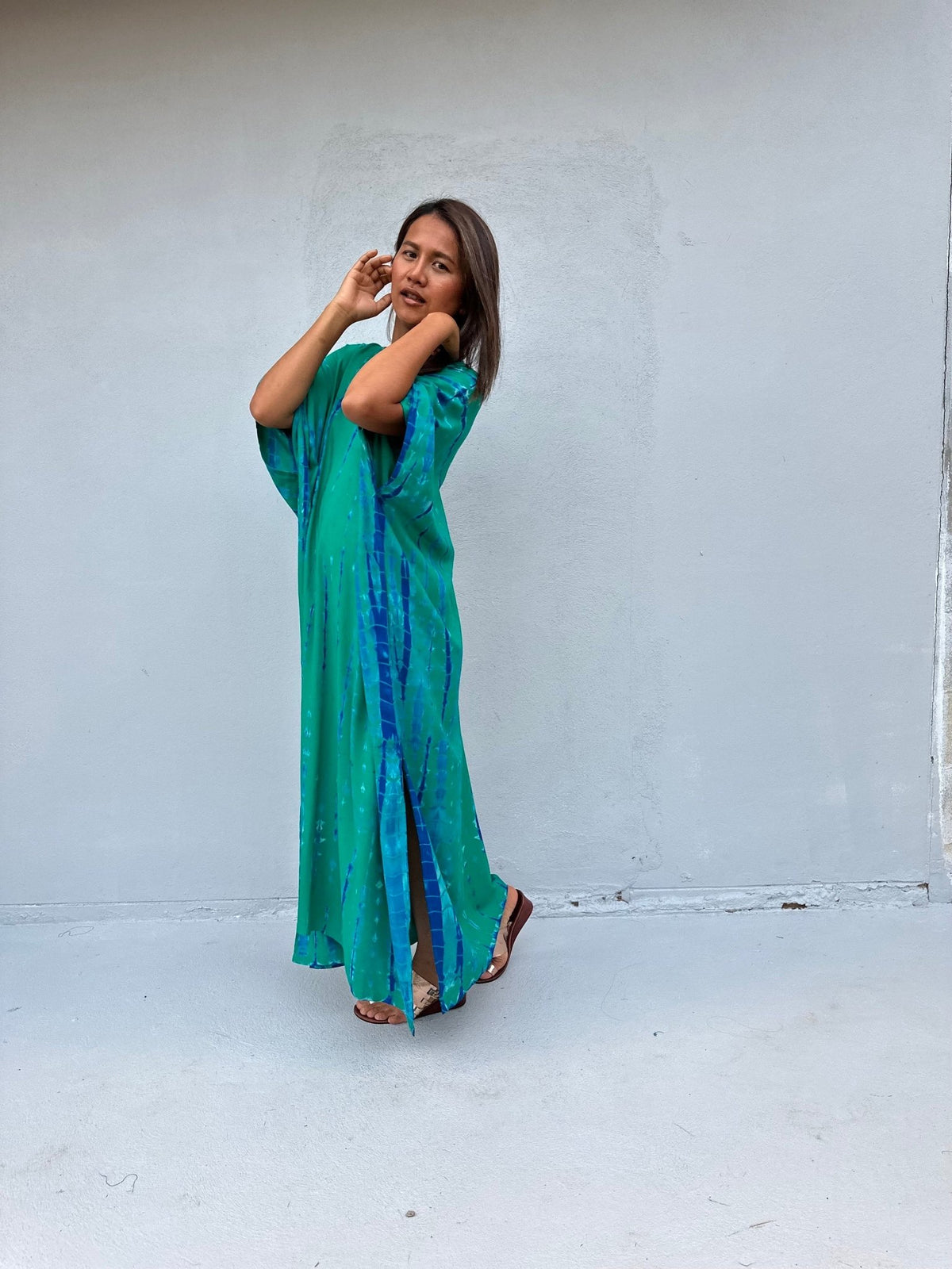Camila Kaftan in Teal & Cornflower Tie Dye-CM-55-50-Mala Handworks