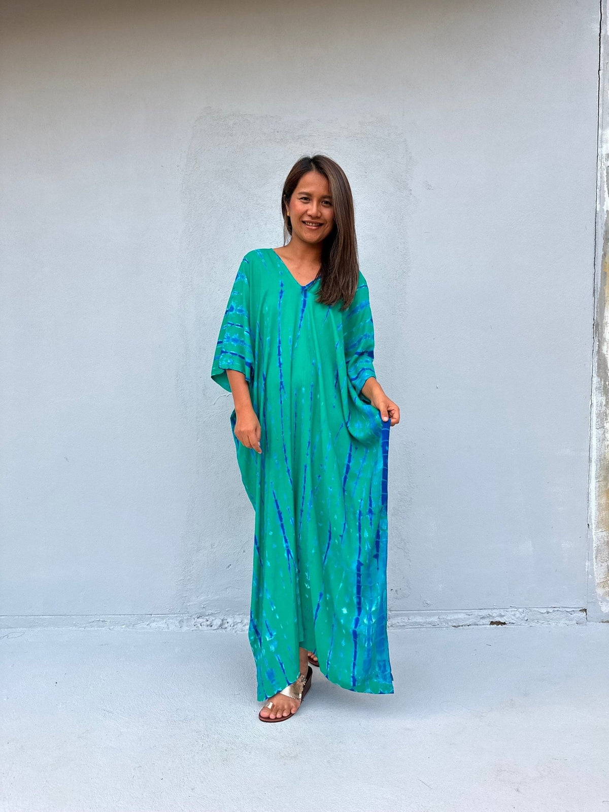 Camila Kaftan in Teal & Cornflower Tie Dye-CM-55-50-Mala Handworks