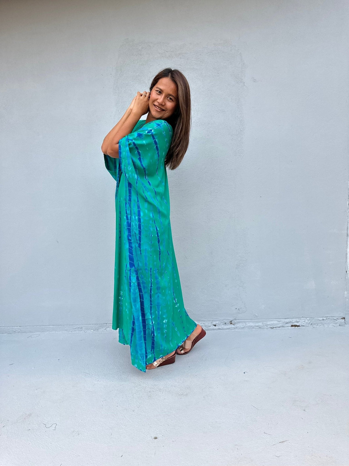 Camila Kaftan in Teal & Cornflower Tie Dye-CM-55-50-Mala Handworks