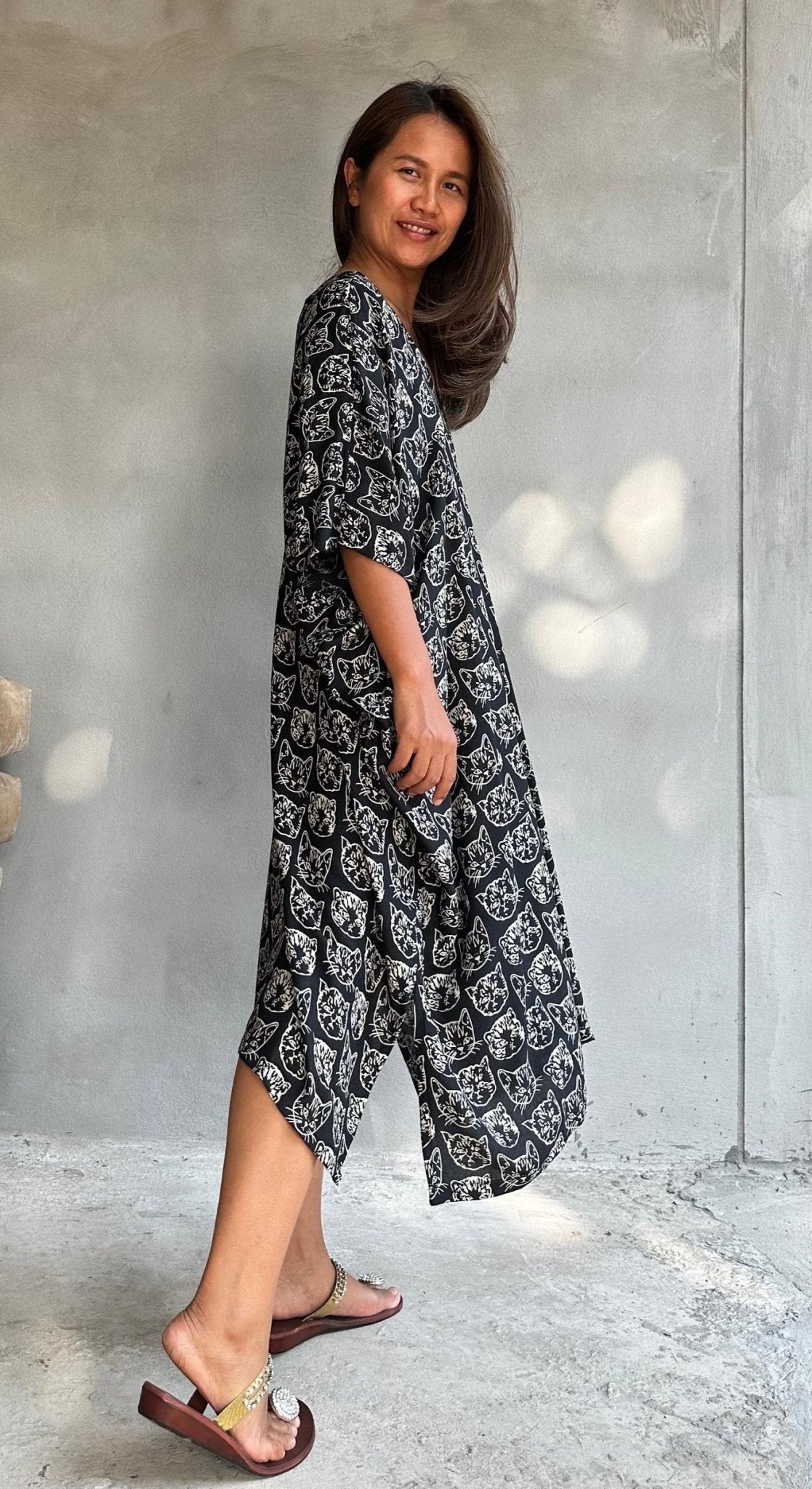 Camila Lucky Cat Kaftan in Black-CM-62-Mala Handworks