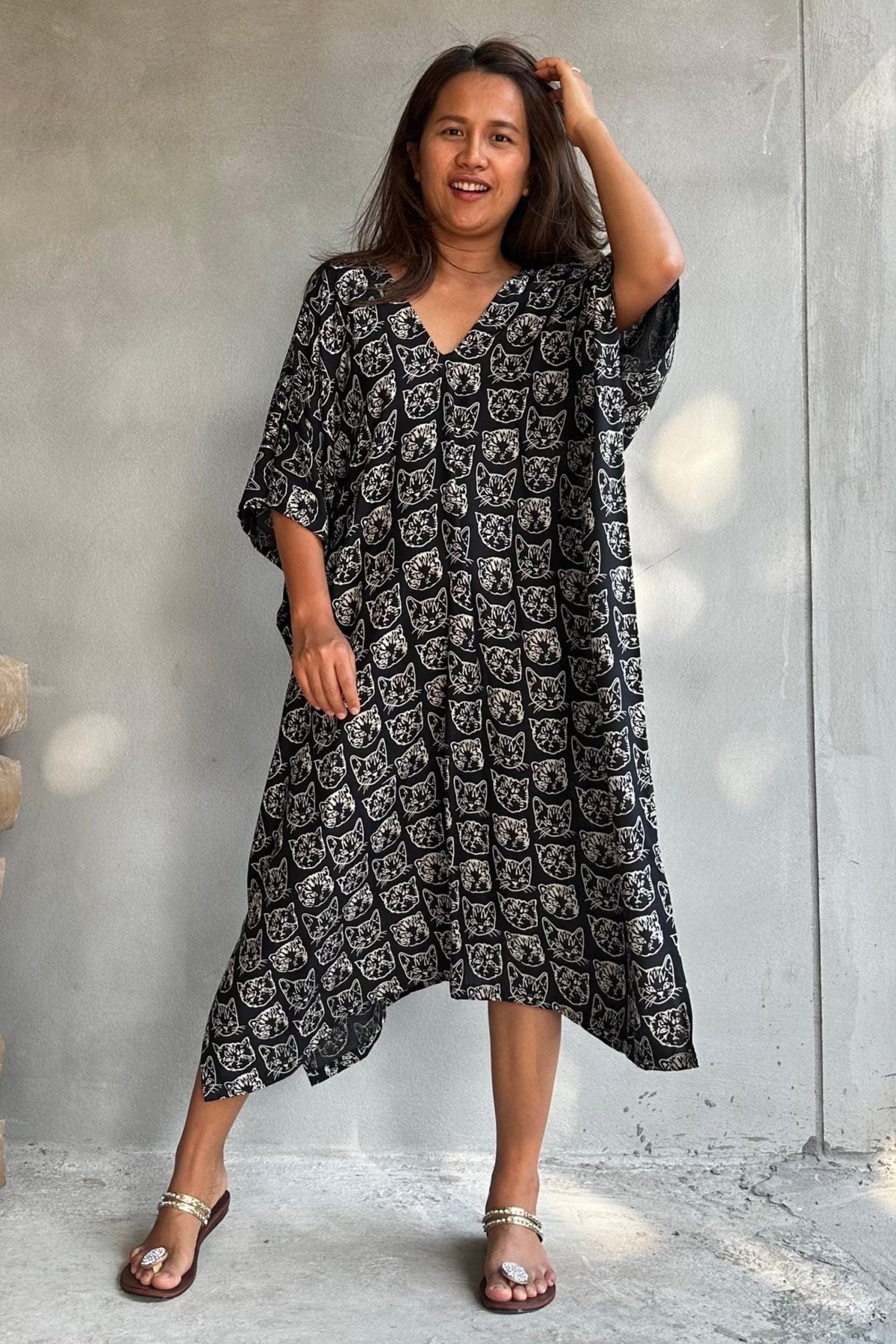 Camila Lucky Cat Kaftan in Black-CM-62-Mala Handworks