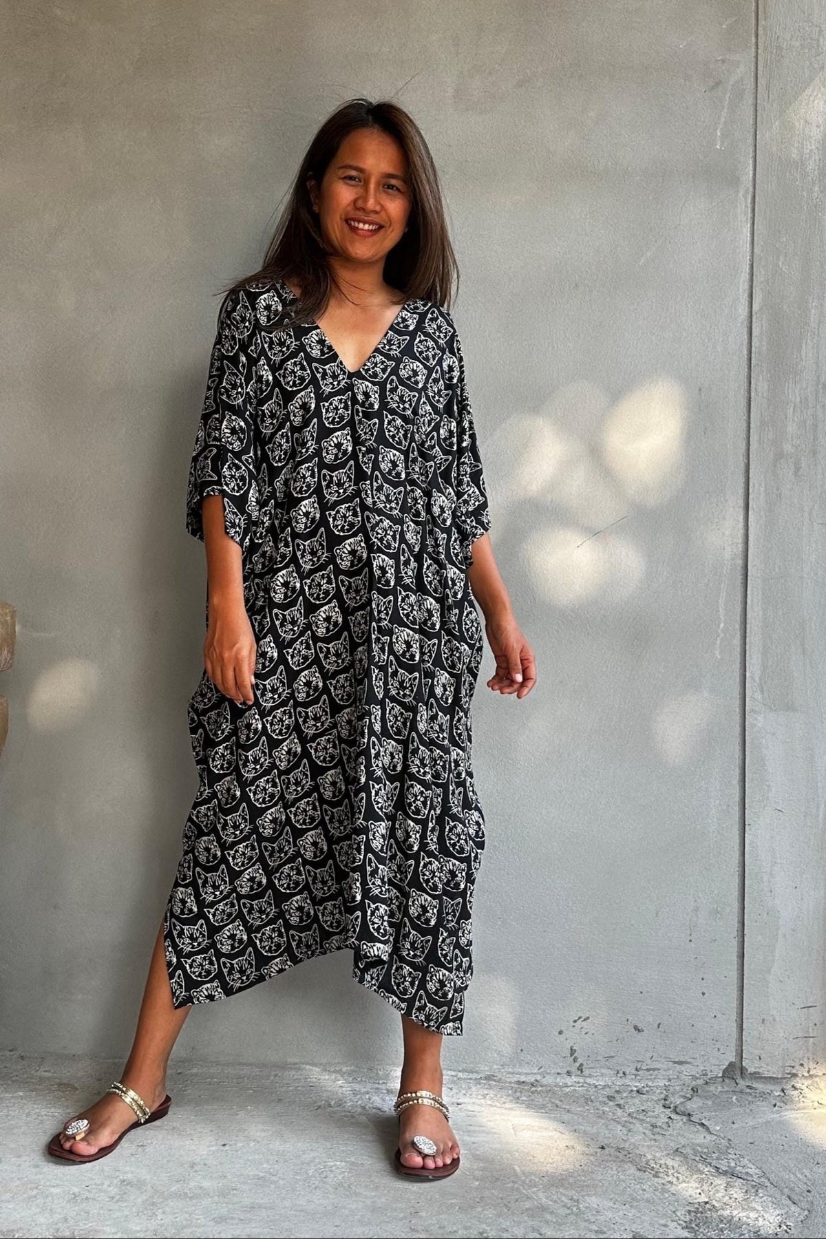 Camila Lucky Cat Kaftan in Black-CM-62-Mala Handworks