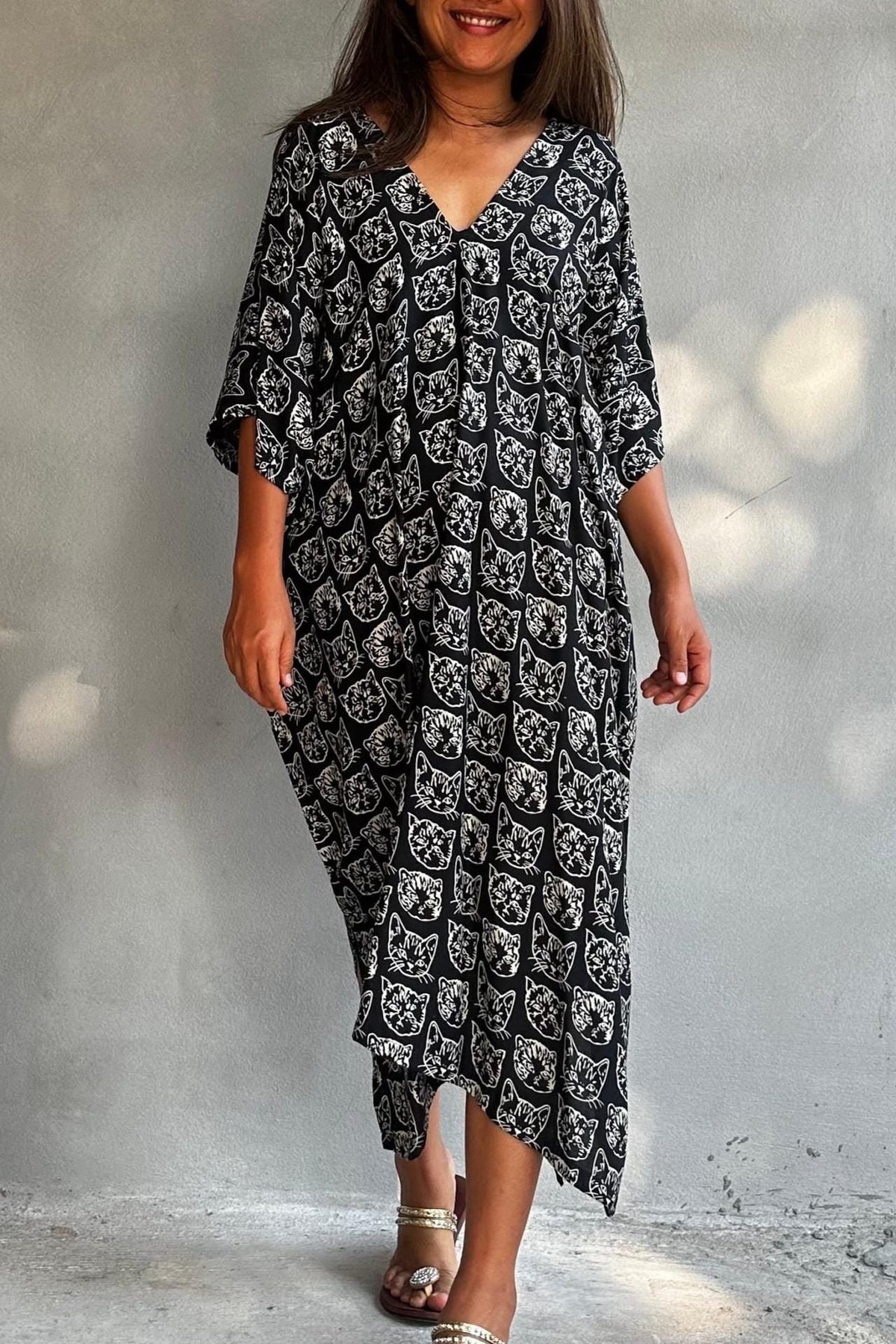 Camila Lucky Cat Kaftan in Black-CM-62-Mala Handworks