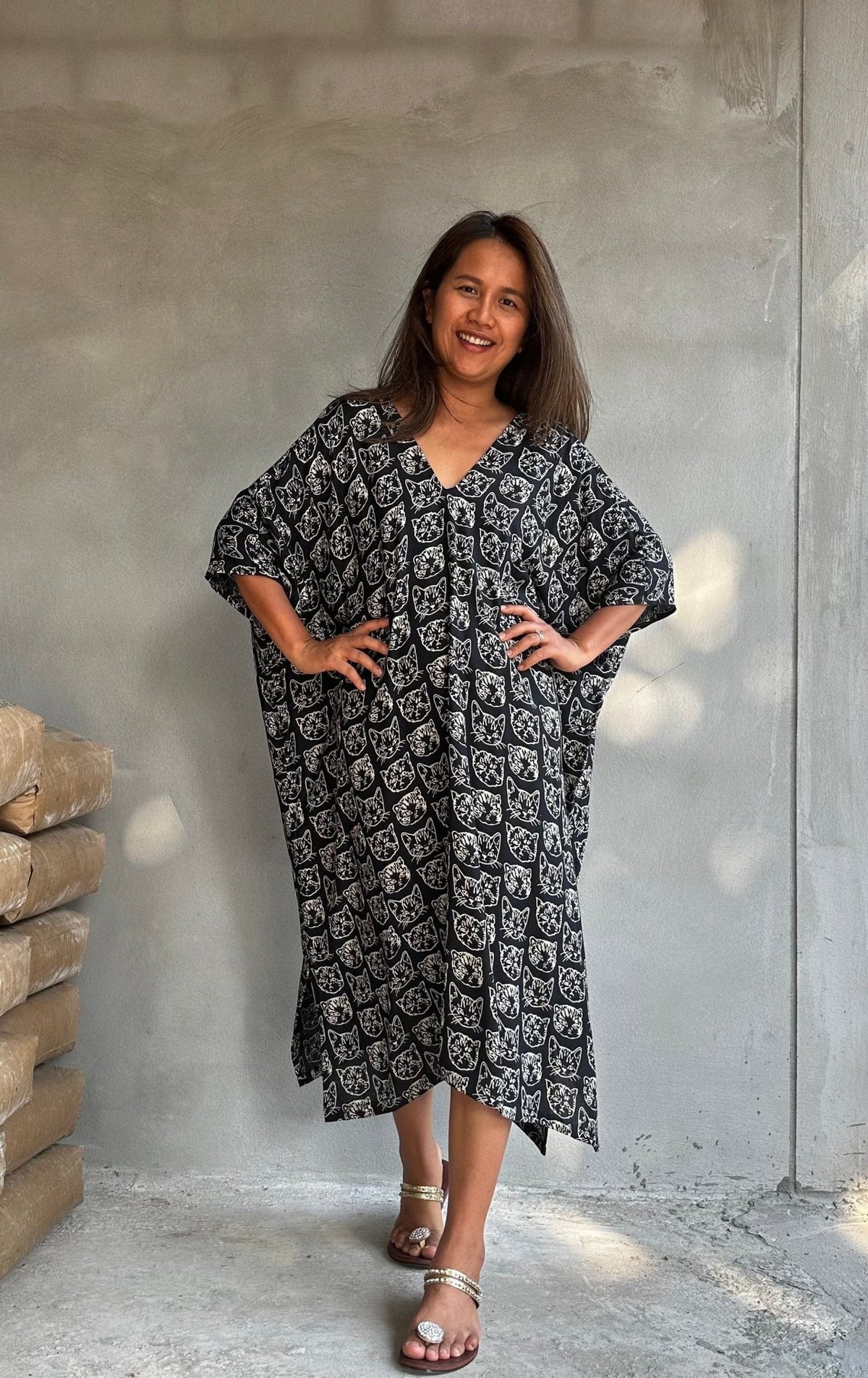 Camila Lucky Cat Kaftan in Black-CM-62-Mala Handworks